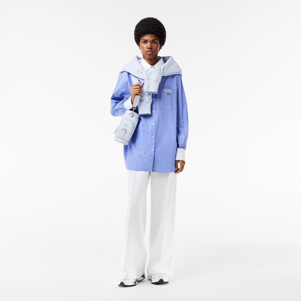 Áo Sơ Mi Lacoste Nữ Dài Oversize Cổ Phối Màu Chất Liệu Poplin