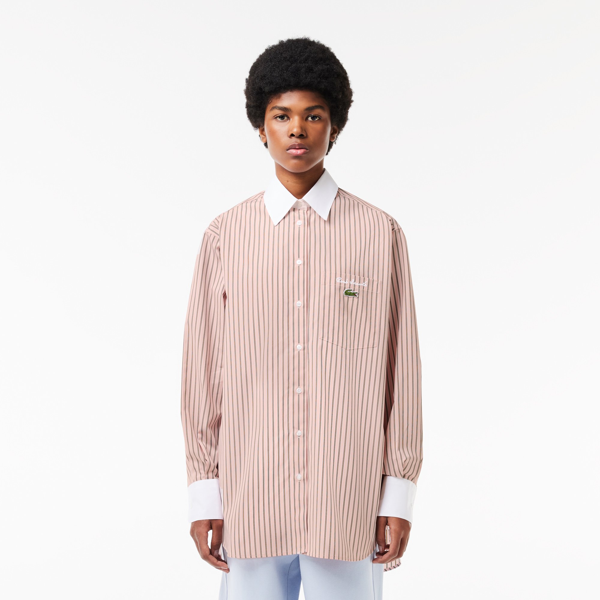 Áo Sơ Mi Lacoste Nữ Dài Oversize Cổ Phối Màu Chất Liệu Poplin