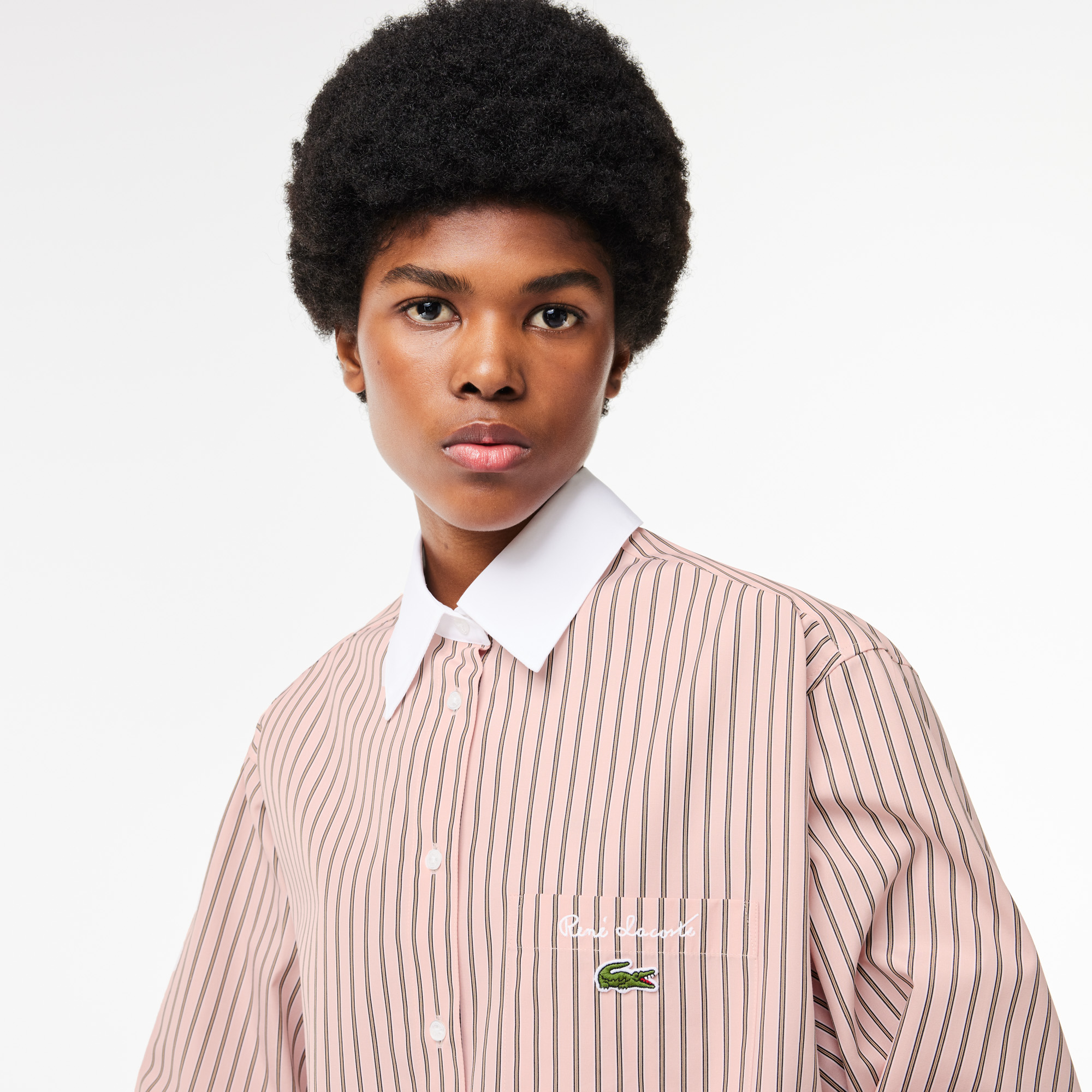 Áo Sơ Mi Lacoste Nữ Dáng Suông Cổ Phối Màu Chất Liệu Poplin