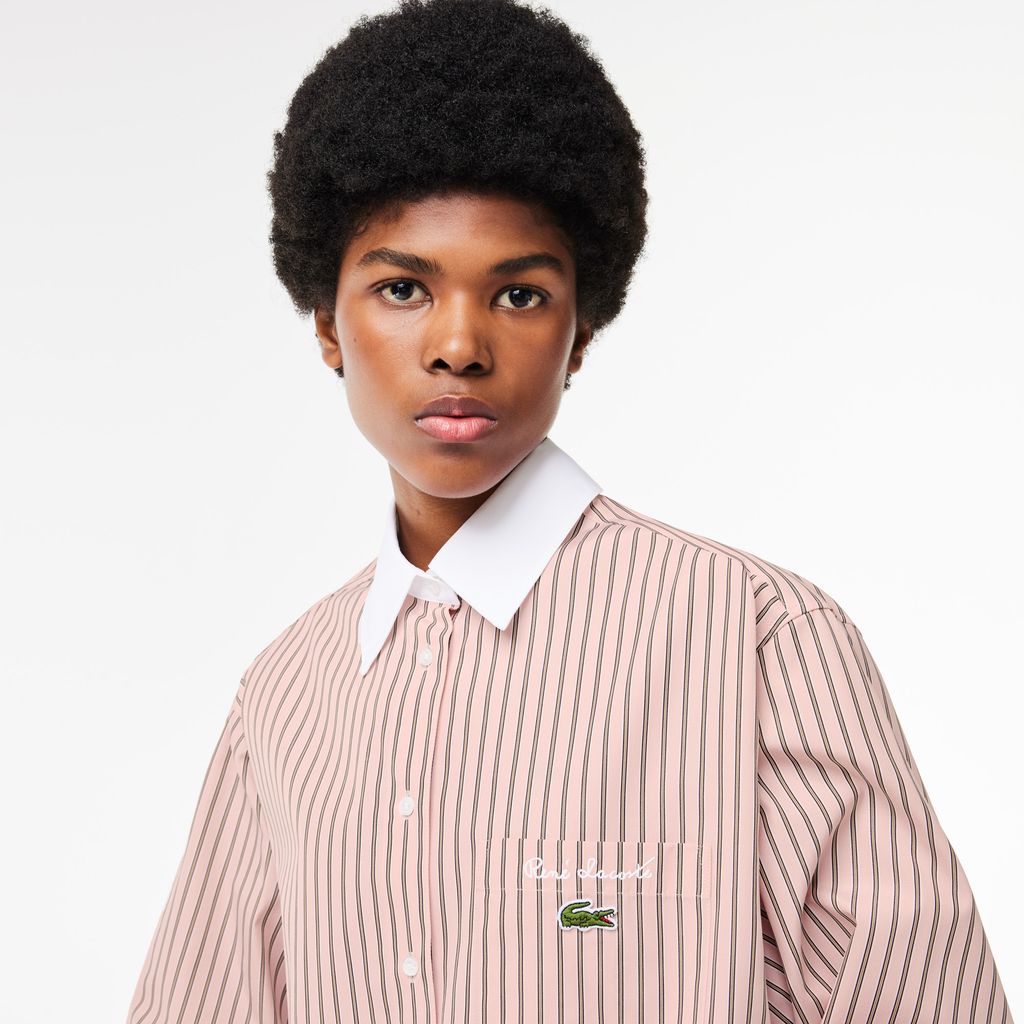 Áo Sơ Mi Lacoste Nữ Dáng Suông Cổ Phối Màu Chất Liệu Poplin