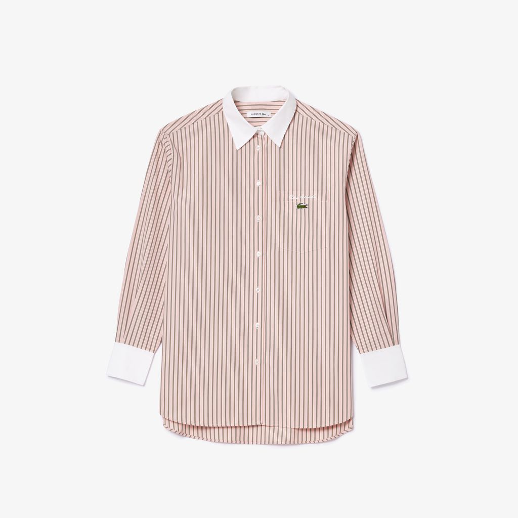 Áo Sơ Mi Lacoste Nữ Dài Oversize Cổ Phối Màu Chất Liệu Poplin