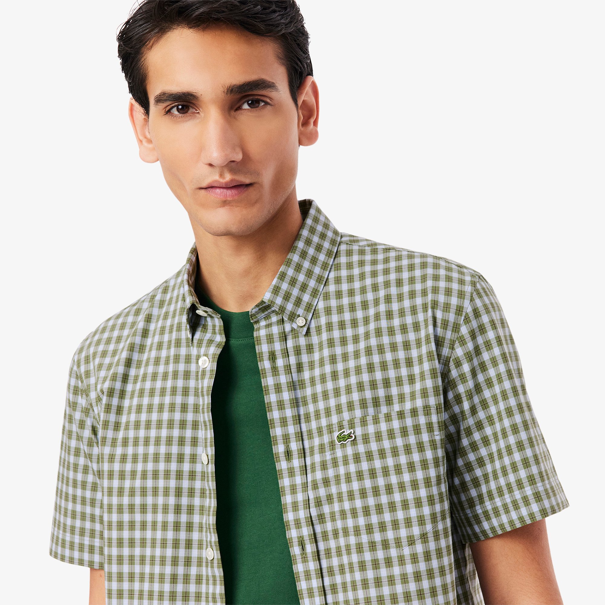 Áo Sơ Mi Lacoste Nam Tay Ngắn Họa Tiết Kẻ Caro Có Khuy Cổ