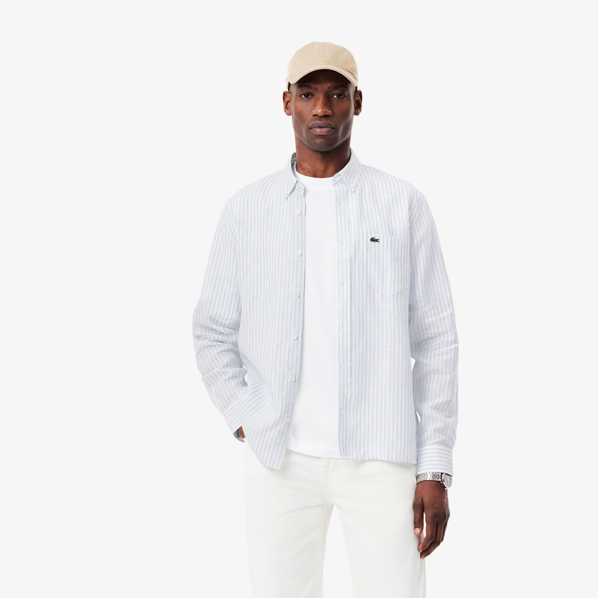 Áo Sơ Mi Lacoste Nam Dáng Suông Chất Liệu Linen Hoạ Tiết Sọc