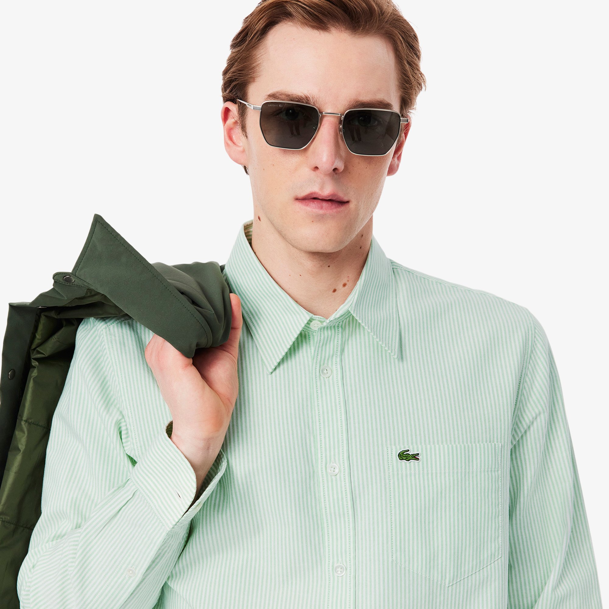 Áo Sơ Mi Lacoste Nam Dáng Suông Kẻ Sọc Có Túi Chất Liệu Oxford