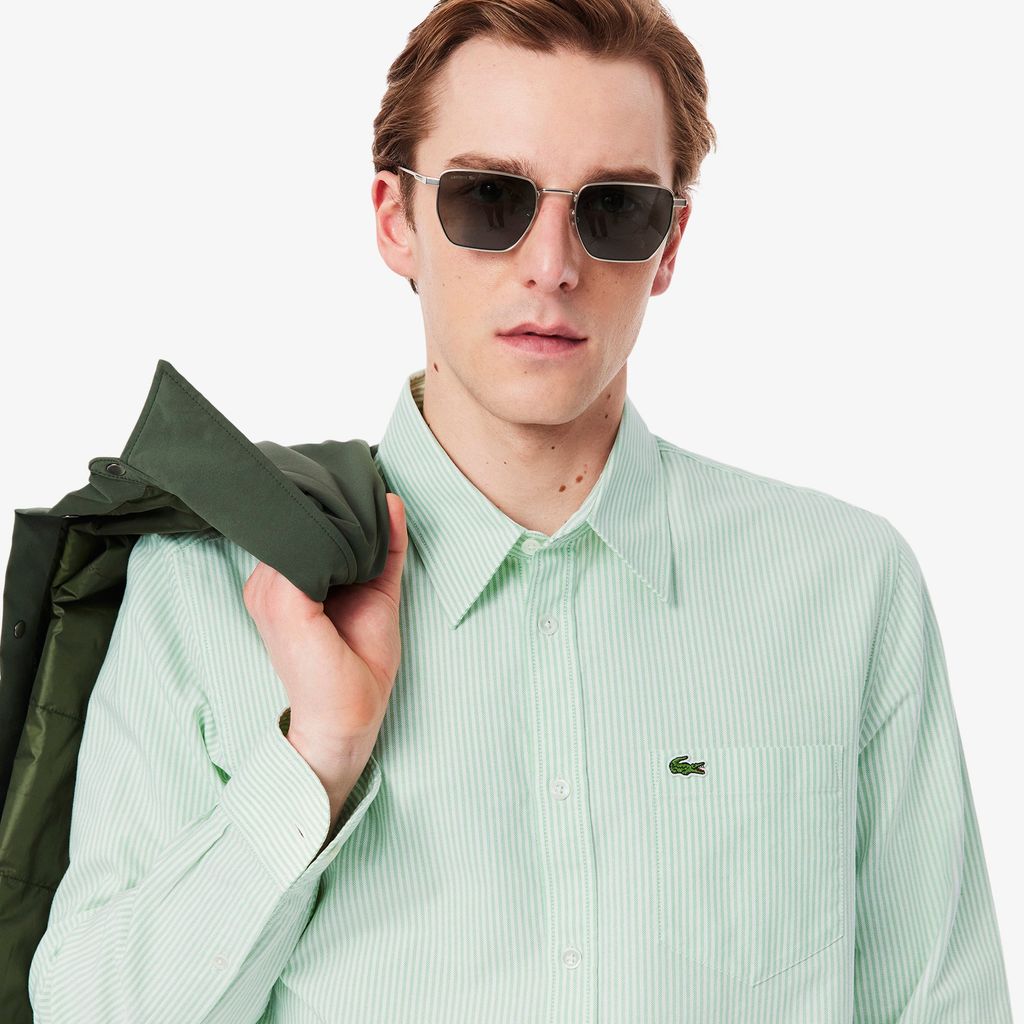 Áo Sơ Mi Lacoste Nam Dáng Suông Kẻ Sọc Có Túi Chất Liệu Oxford