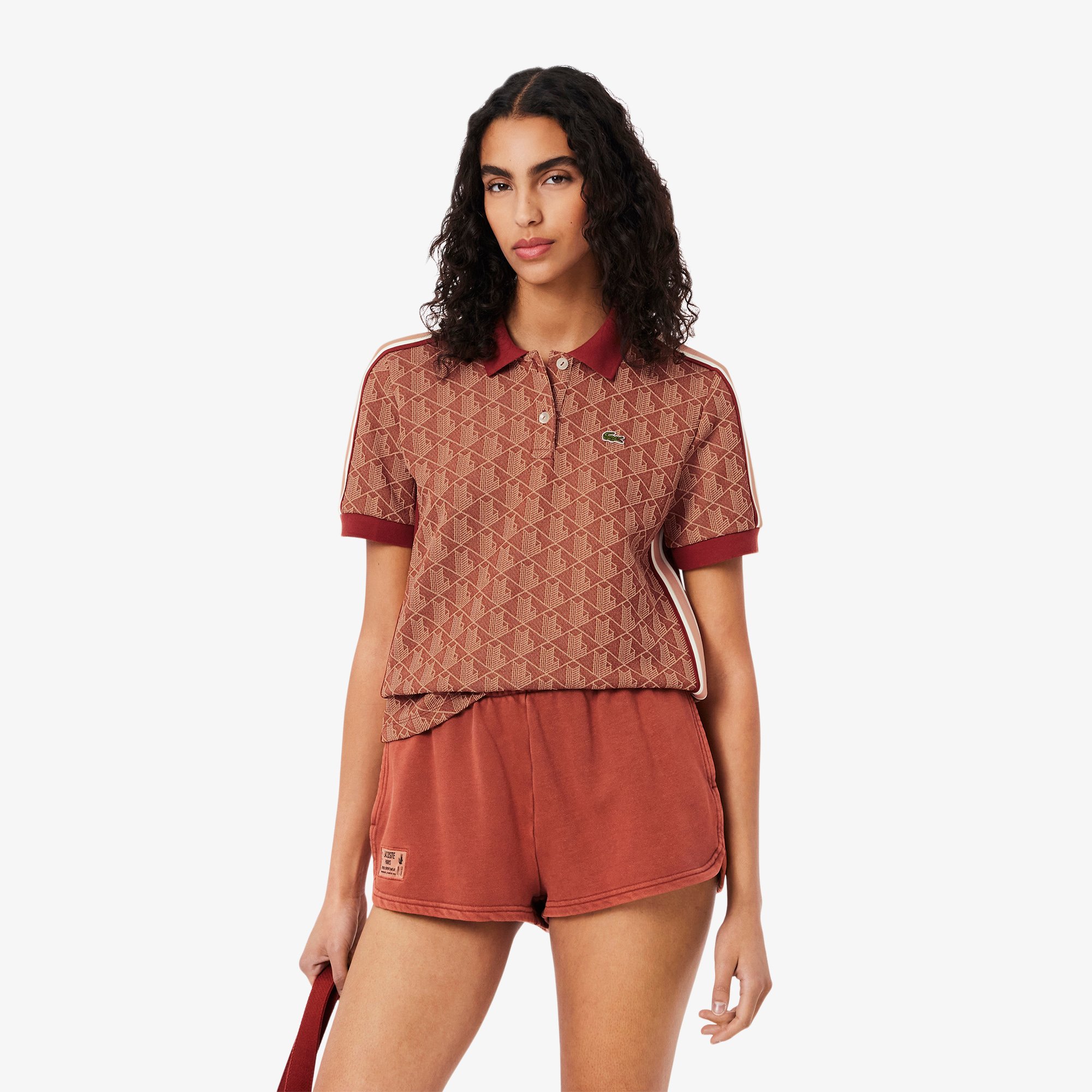 Áo Polo Lacoste Nữ Ôm Dáng Họa Tiết Monogram Chất Vải Jacquard