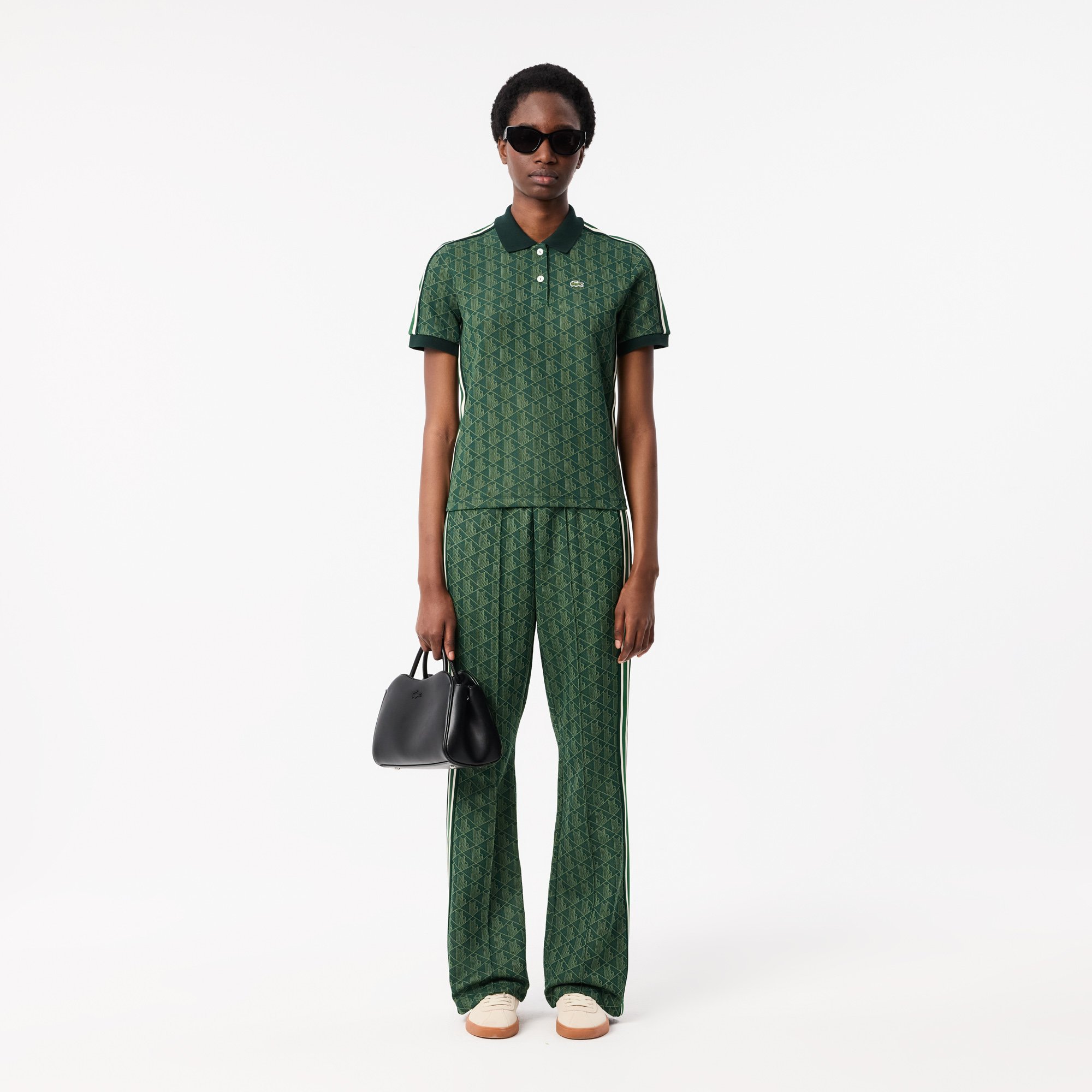 Áo Polo Lacoste Nữ Ôm Dáng Họa Tiết Monogram Chất Vải Jacquard