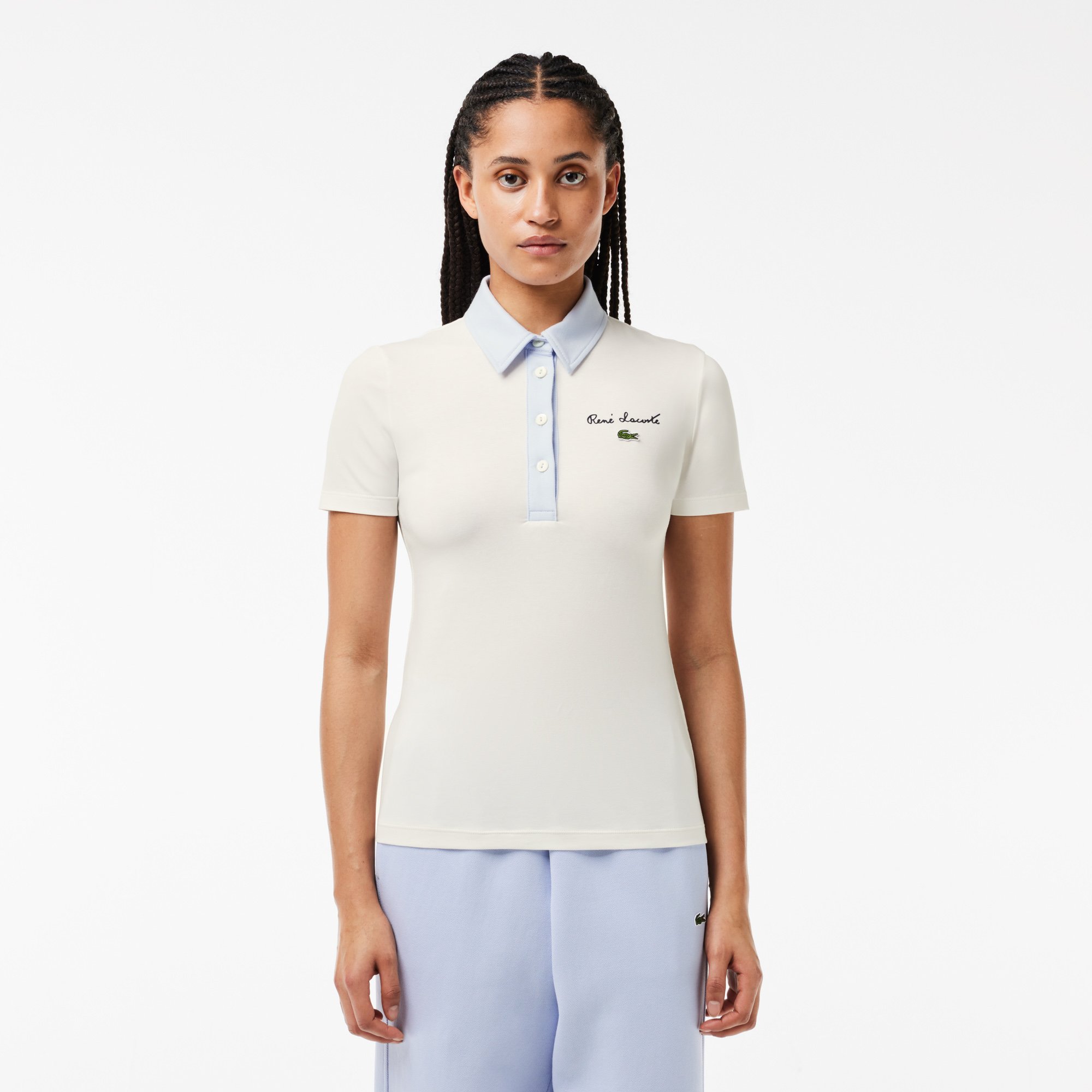 Áo Polo Lacoste Nữ Ôm Dáng Cổ Phối Màu Chất Liệu Jersey Co Giãn