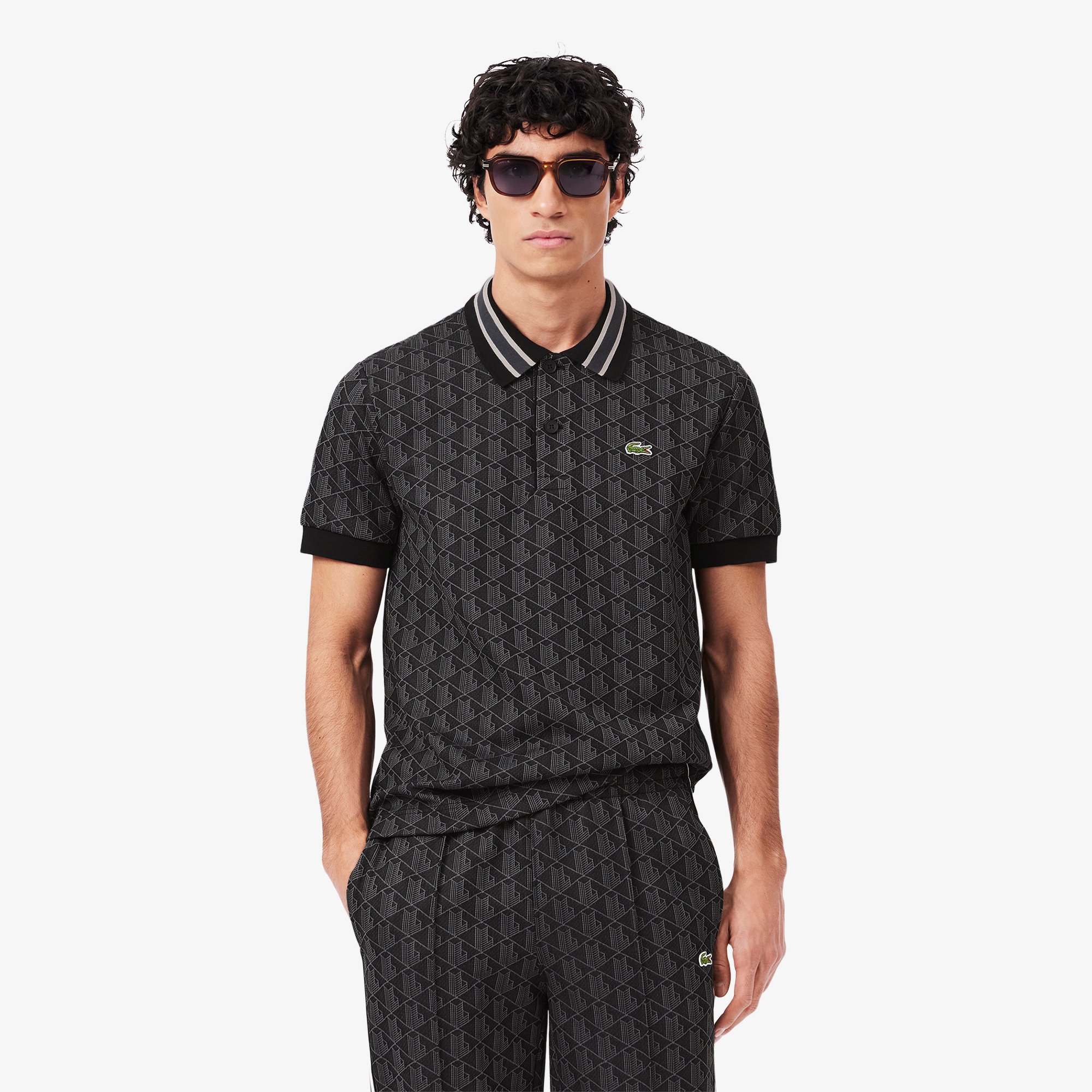 Áo Polo Lacoste Nam Dáng Cổ Điển Có Cổ Tương Phản Hoạ Tiết Monogram Chất Liệu Jacquard