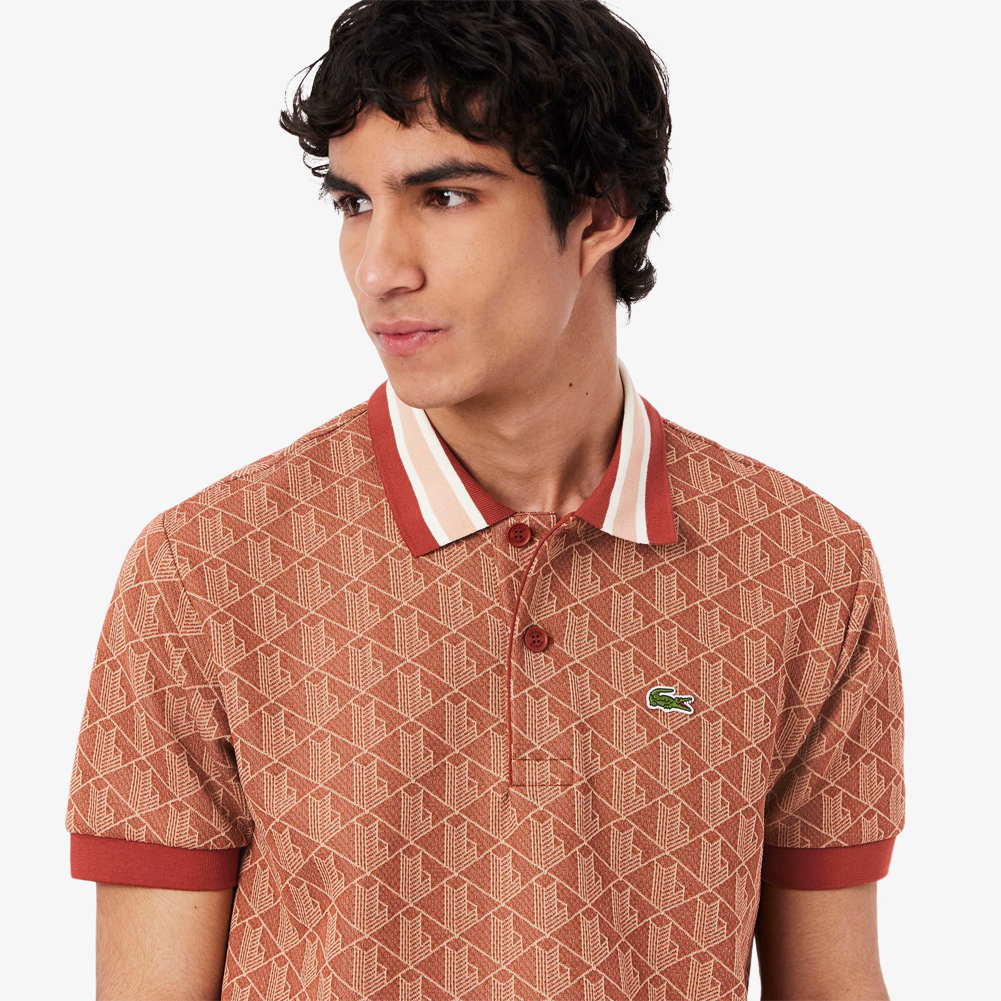 Áo Polo Lacoste Nam Dáng Cổ Điển Có Cổ Tương Phản Hoạ Tiết Monogram Chất Liệu Jacquard