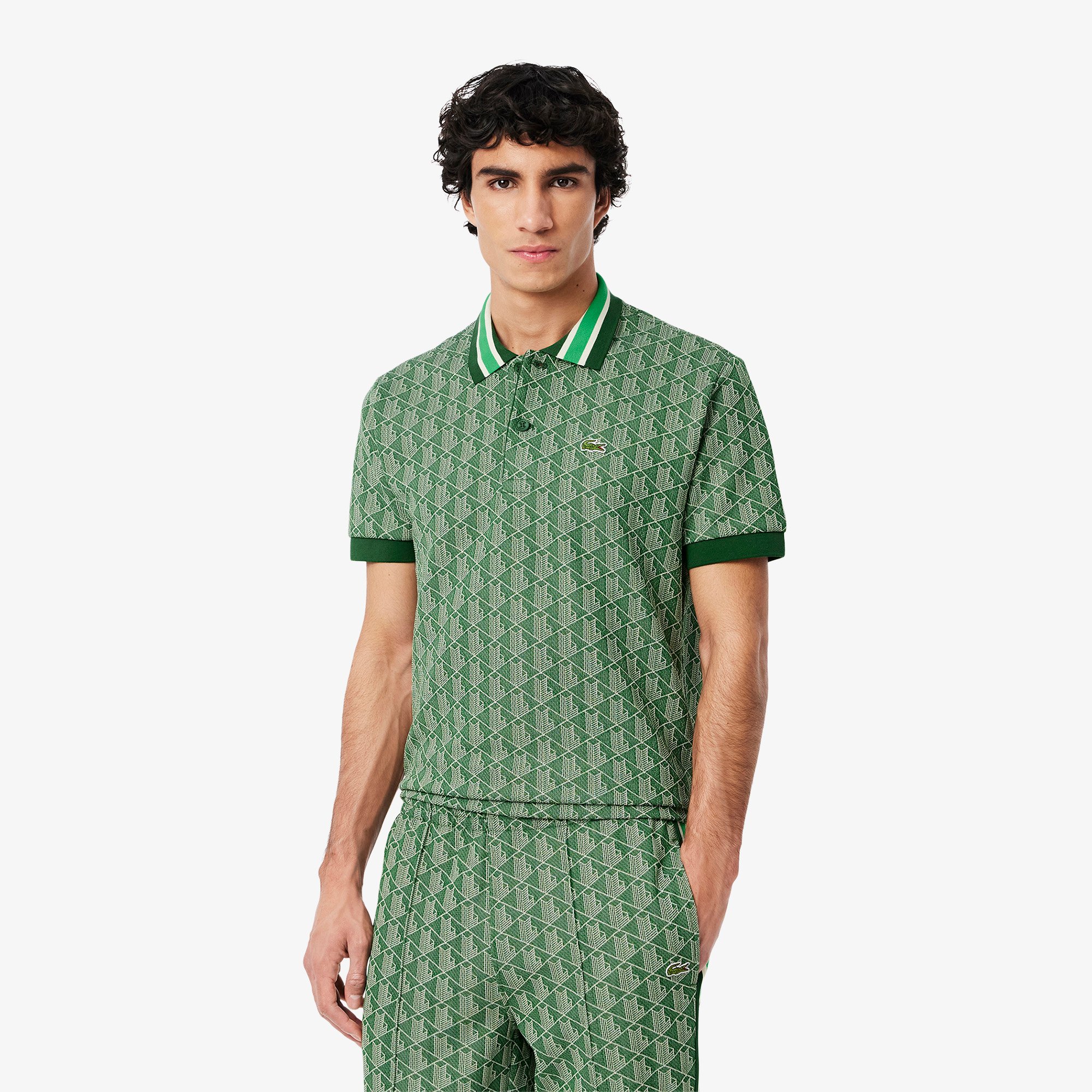 Áo Polo Lacoste Nam Dáng Cổ Điển Có Cổ Tương Phản Hoạ Tiết Monogram Chất Liệu Jacquard