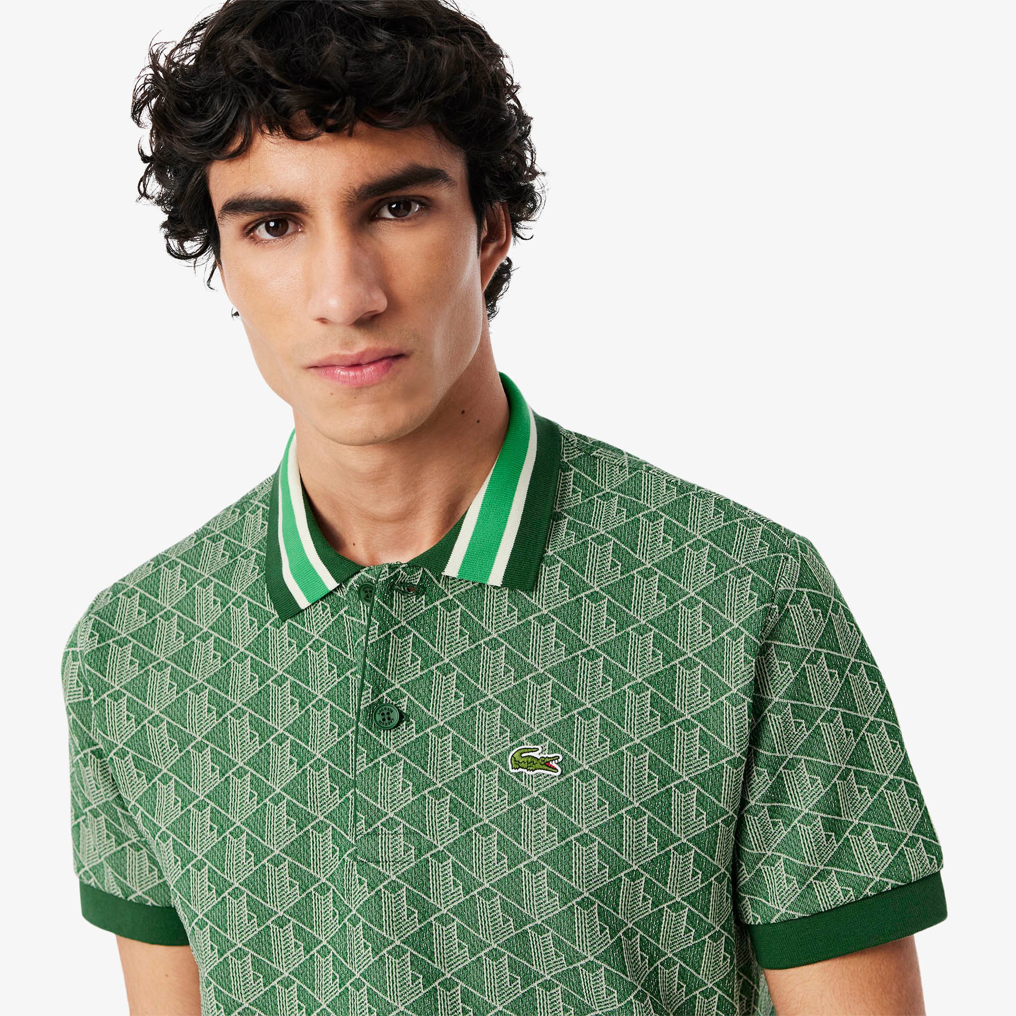 Áo Polo Lacoste Nam Dáng Cổ Điển Có Cổ Tương Phản Hoạ Tiết Monogram Chất Liệu Jacquard