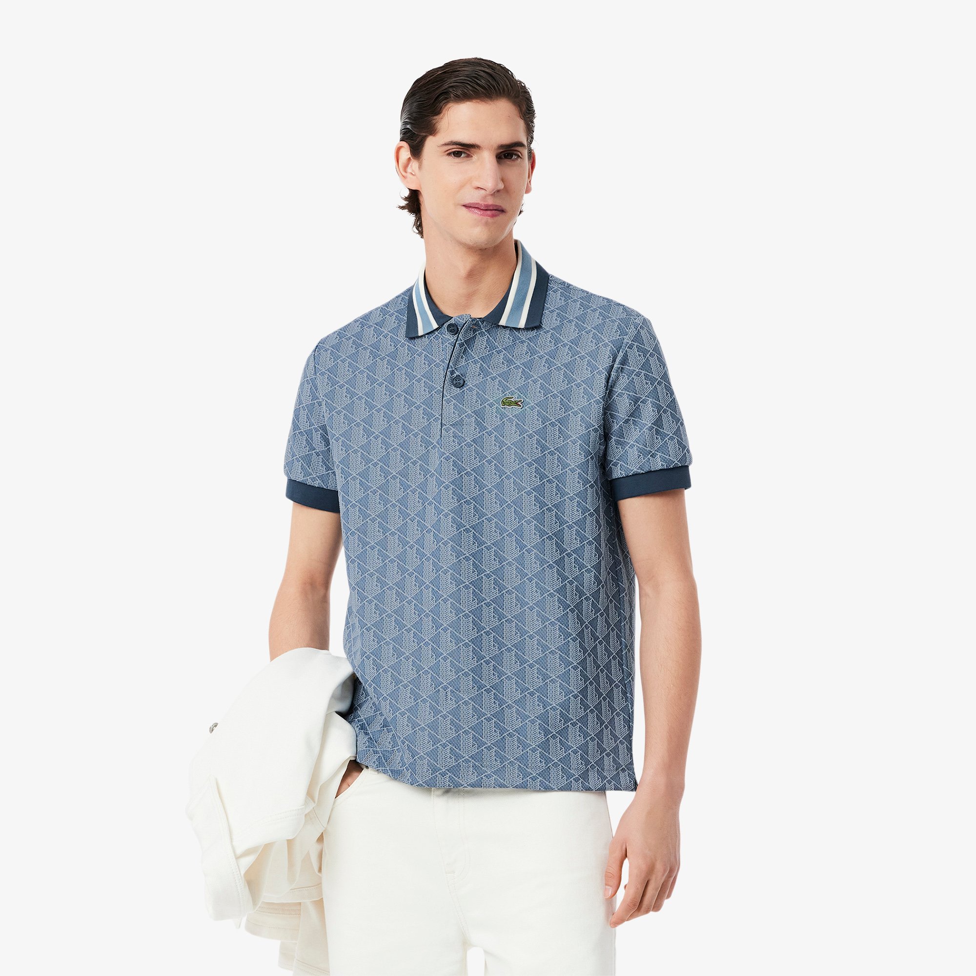 Áo Polo Lacoste Nam Dáng Cổ Điển Có Cổ Tương Phản Hoạ Tiết Monogram Chất Liệu Jacquard