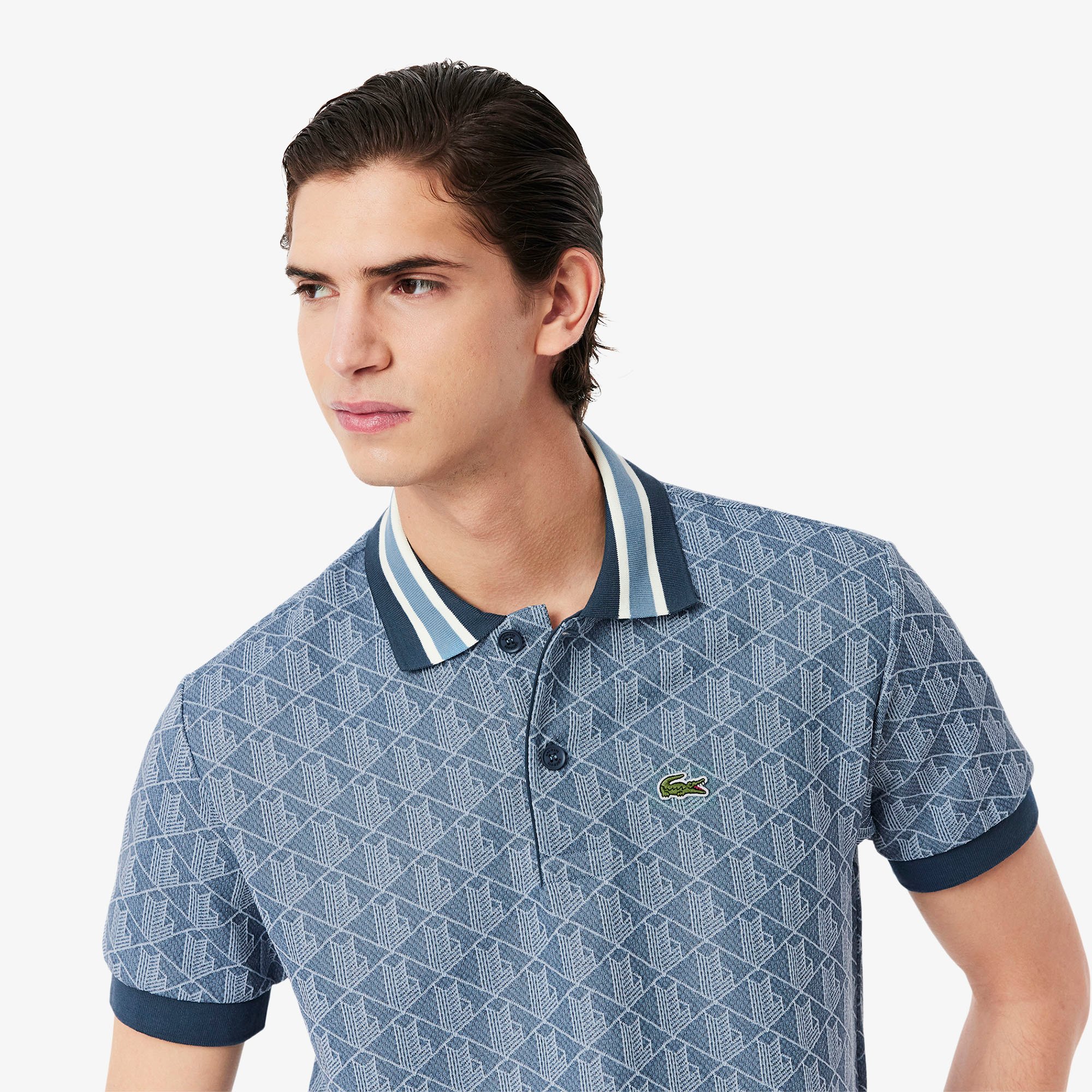 Áo Polo Lacoste Nam Dáng Cổ Điển Có Cổ Tương Phản Hoạ Tiết Monogram Chất Liệu Jacquard