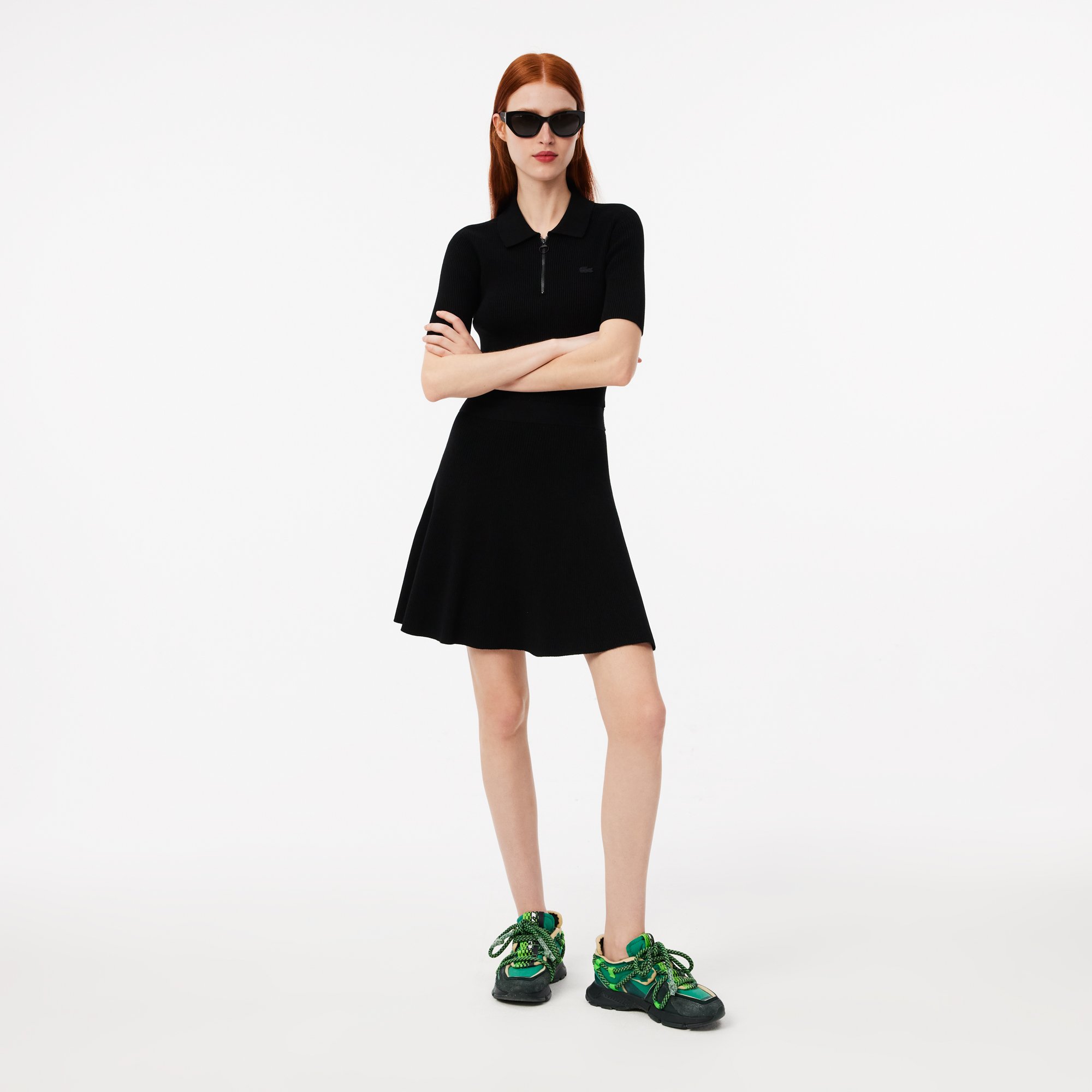 Đầm Polo Lacoste Nữ Dệt Kim Gân 3D Cổ Có Khóa Kéo