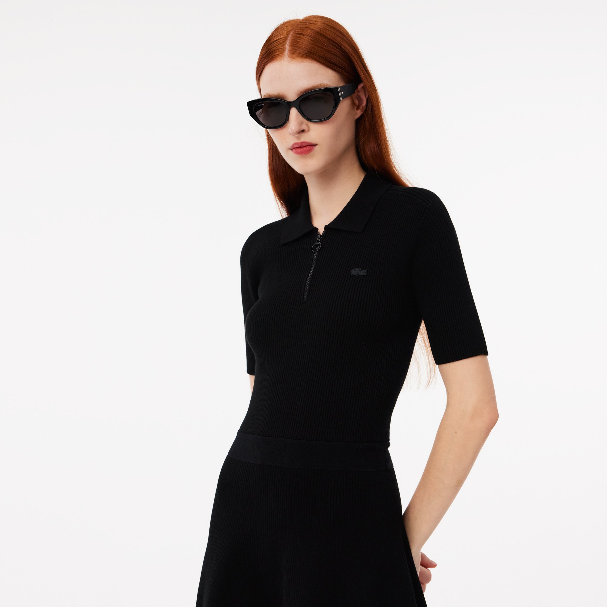 Đầm Polo Lacoste Nữ Dệt Kim Gân 3D Cổ Có Khóa Kéo