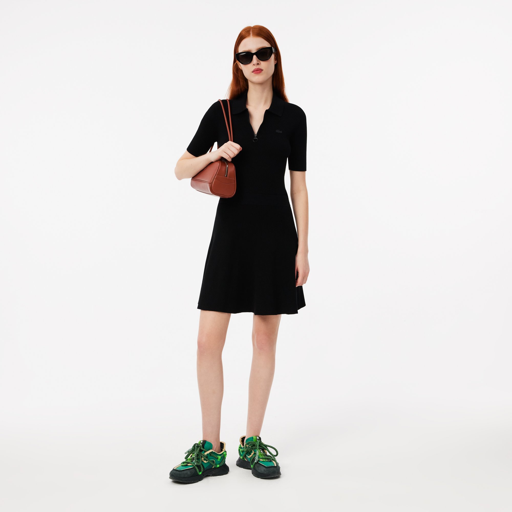 Đầm Polo Lacoste Nữ Dệt Kim Gân 3D Cổ Có Khóa Kéo