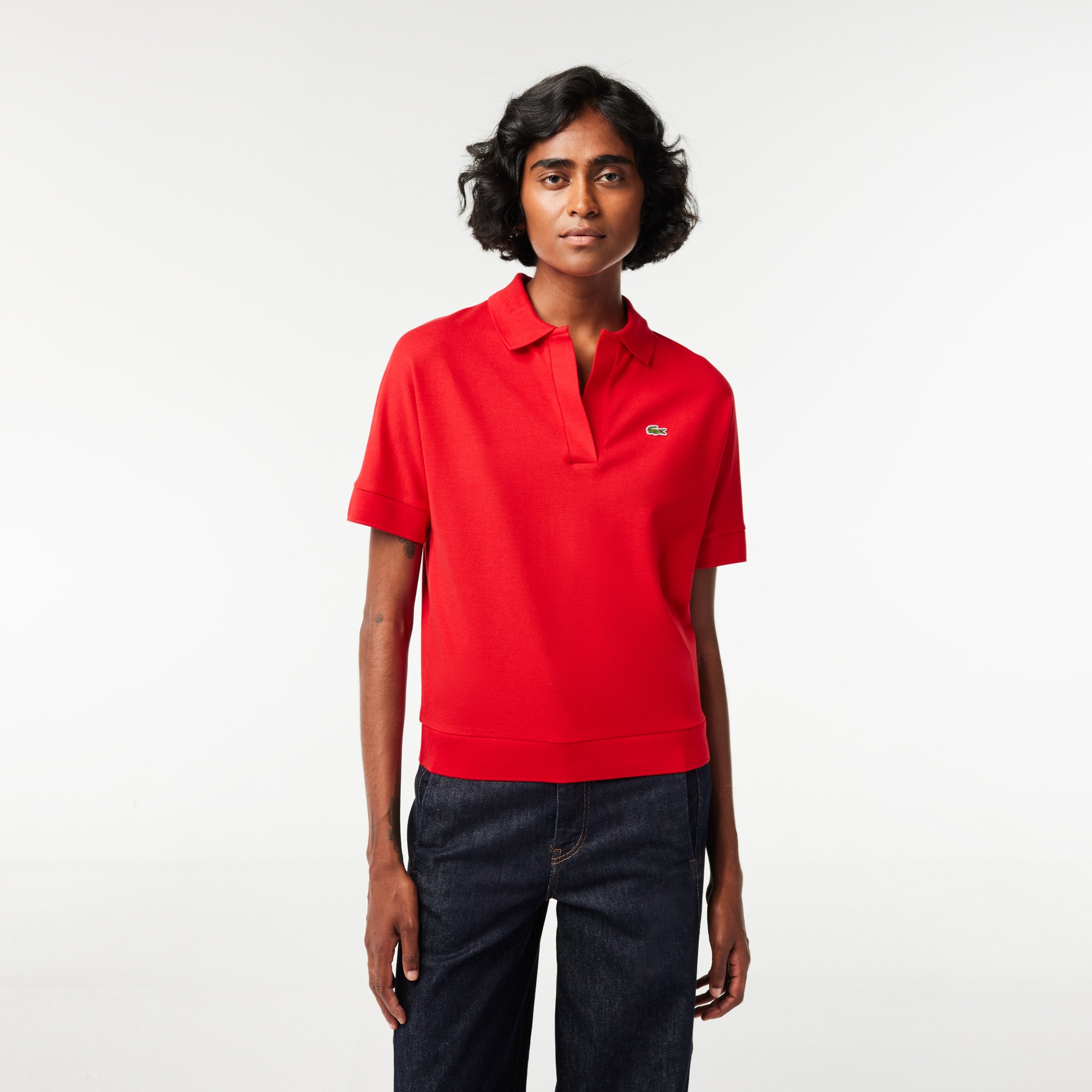 Áo Polo Lacoste Nữ Dáng Rộng Chất Liệu Piqué Flowy