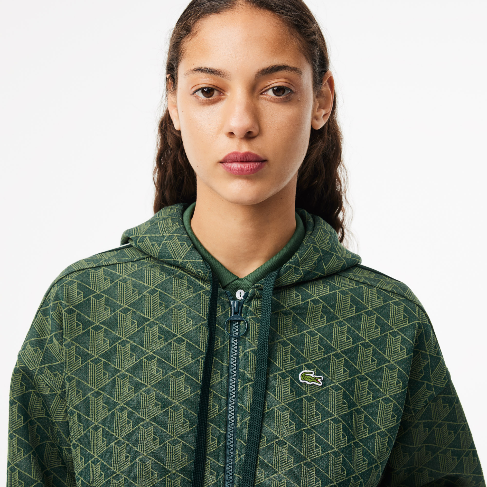 Áo Hoodie Lacoste Nữ Hoạ Tiết Monogram Chất Liệu Jacquard