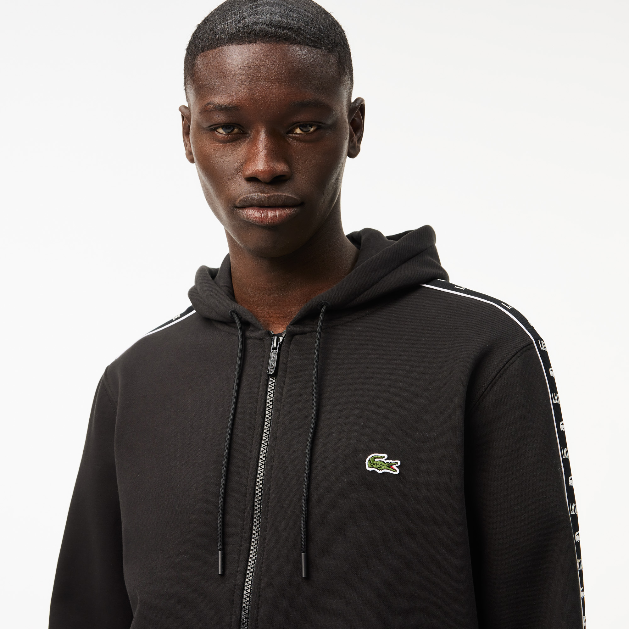 Áo Nỉ Lacoste Name Có Khóa Kéo Sọc Logo