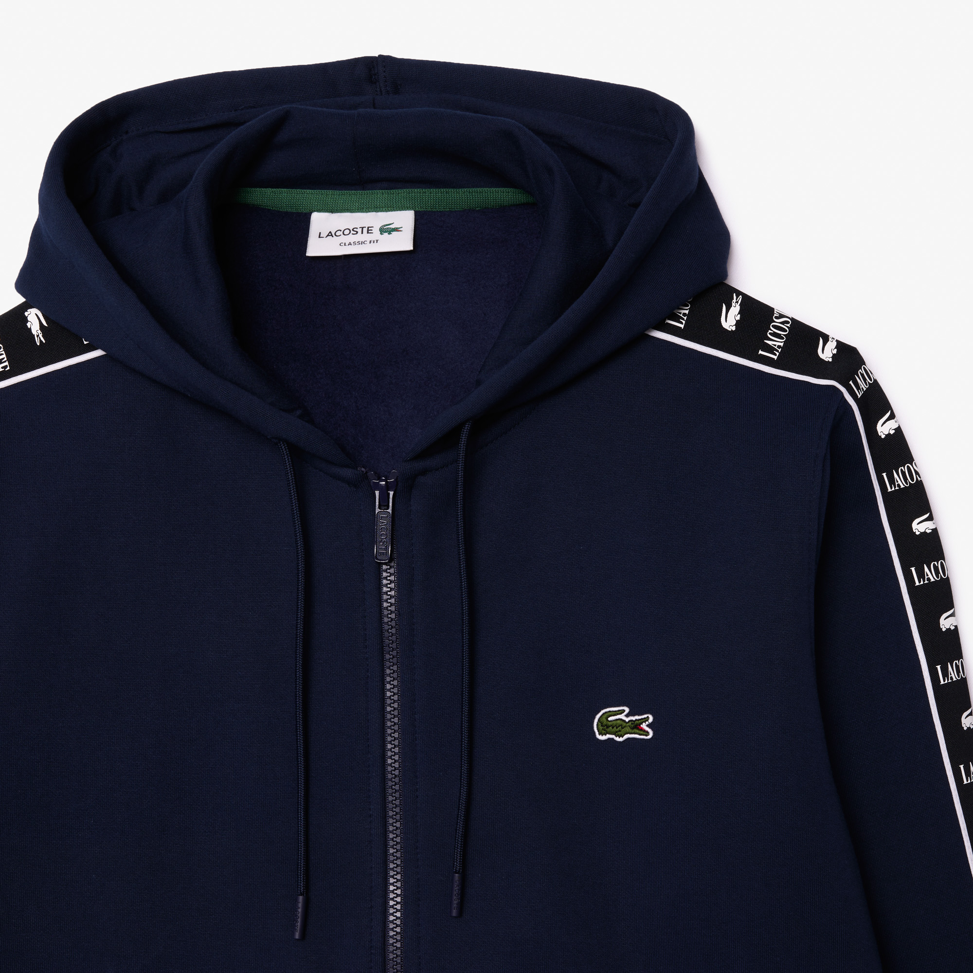 Áo Nỉ Lacoste Name Có Khóa Kéo Sọc Logo