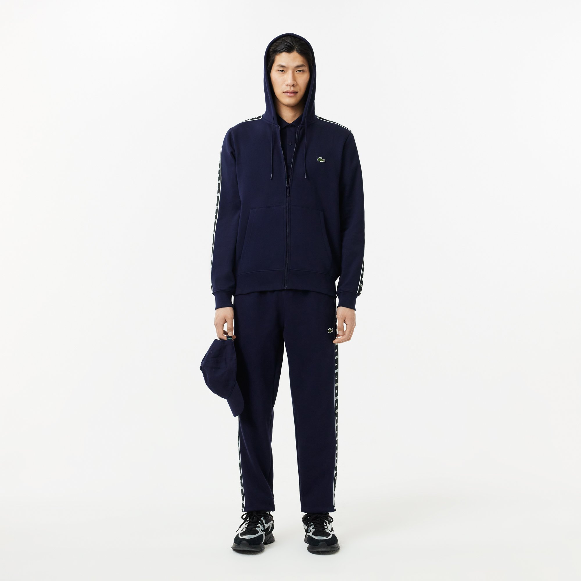 Áo Nỉ Lacoste Name Có Khóa Kéo Sọc Logo