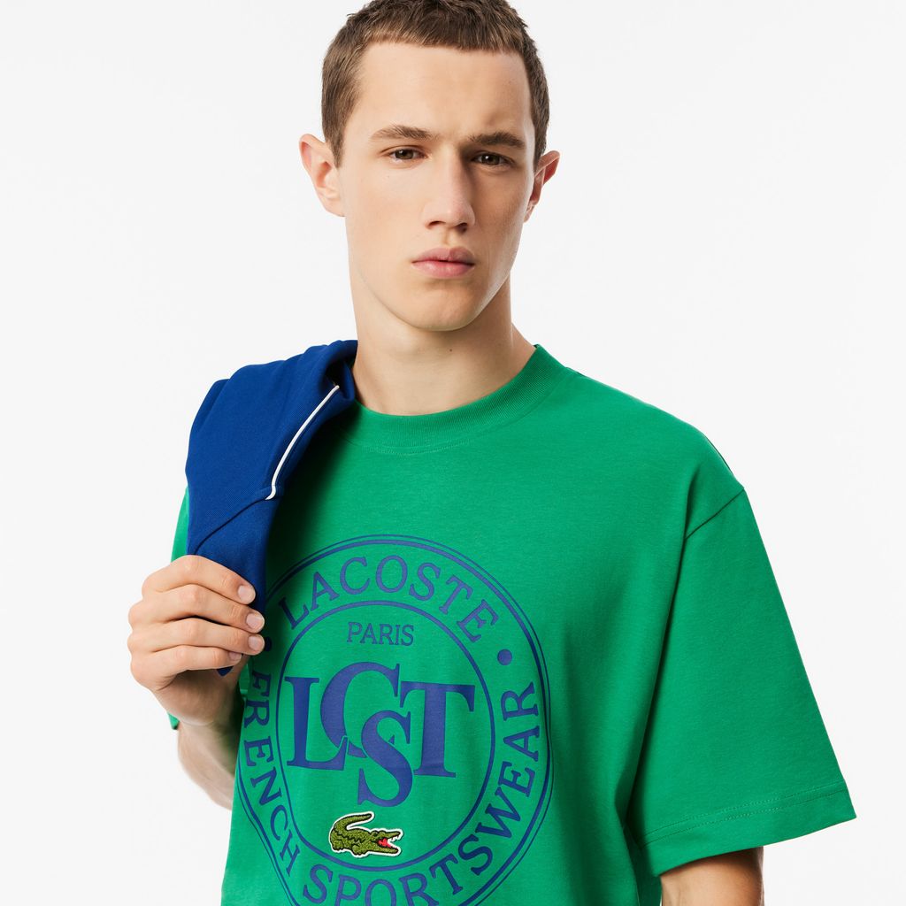 Áo Thun Lacoste Nam Dáng Rộng Chất Liệu Cotton Dày Họa Tiết In
