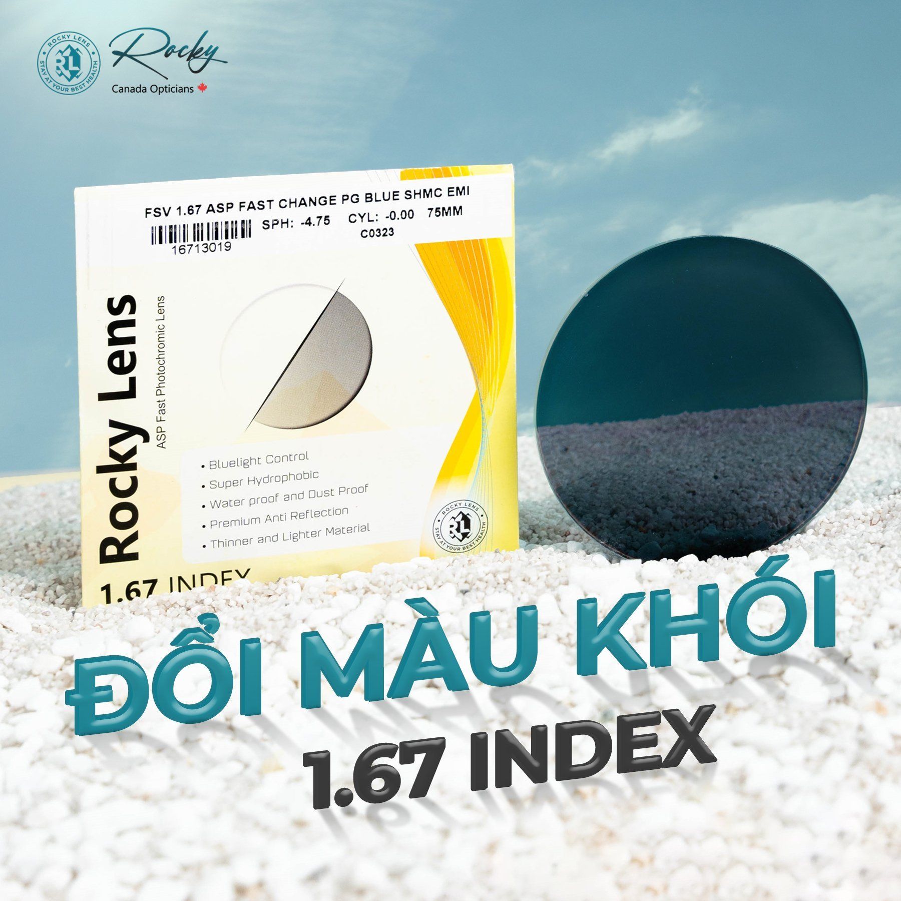  TRÒNG KÍNH _ROCKY ĐỔI MÀU 1.67 BLUE UV 