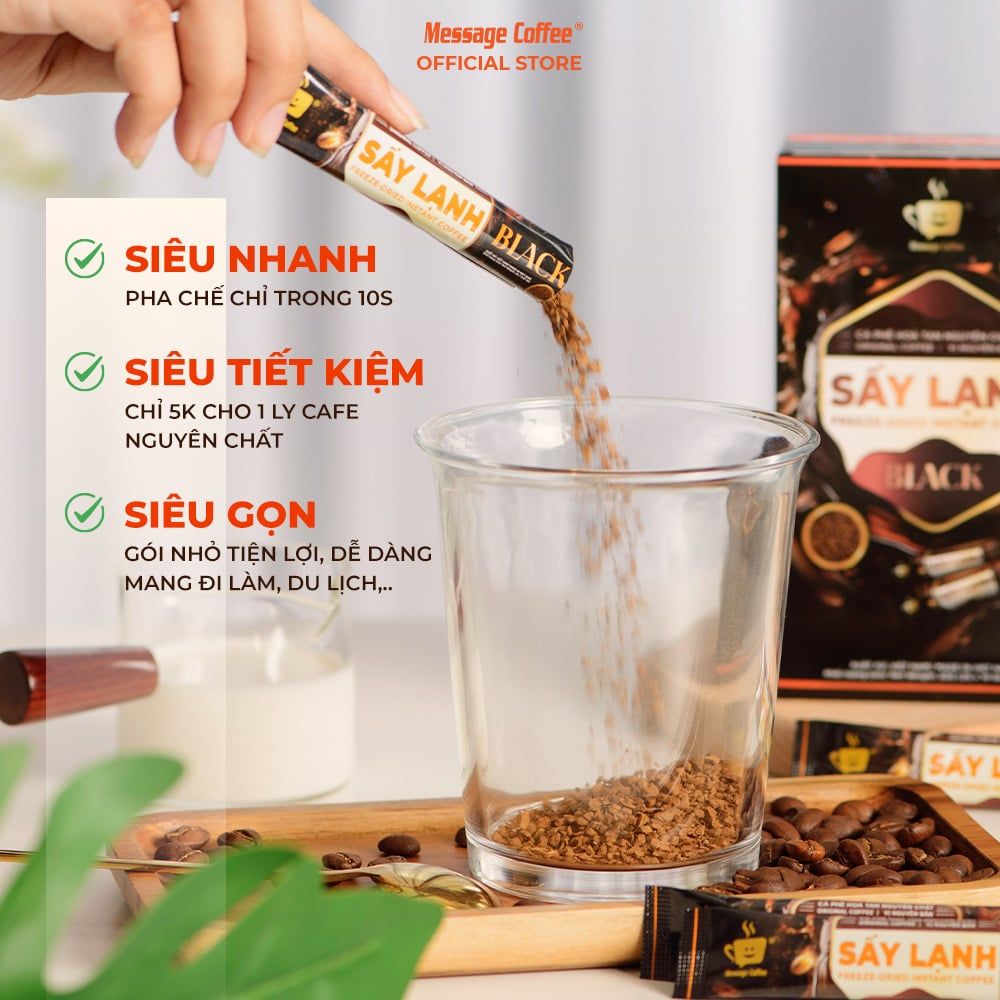  Cà Phê Hòa Tan Sấy Lạnh BLACK Message Coffee, tinh chất cafe rang xay nguyên chất, tiện lợi hộp 10 gói ( 2g 1 stick) 