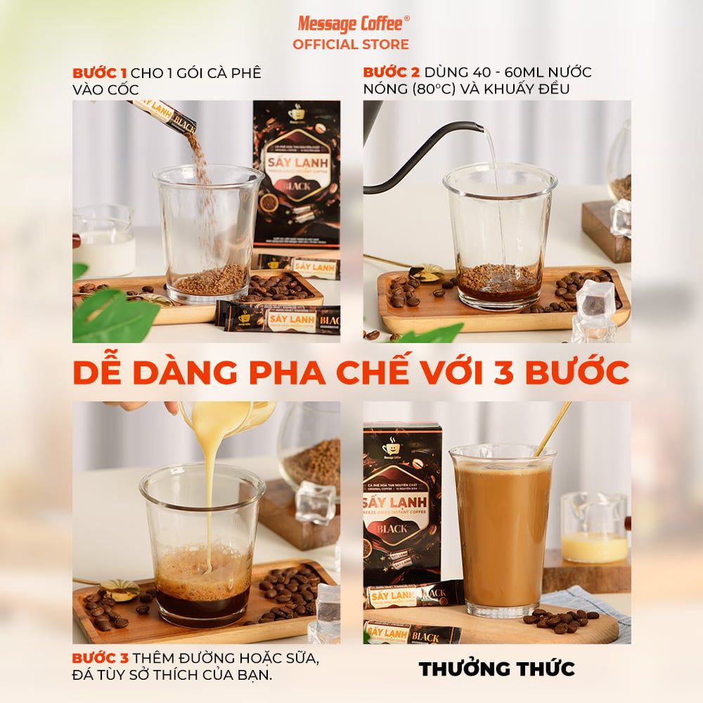  Cà Phê Hòa Tan Sấy Lạnh BLACK Message Coffee, tinh chất cafe rang xay nguyên chất, tiện lợi hộp 10 gói ( 2g 1 stick) 