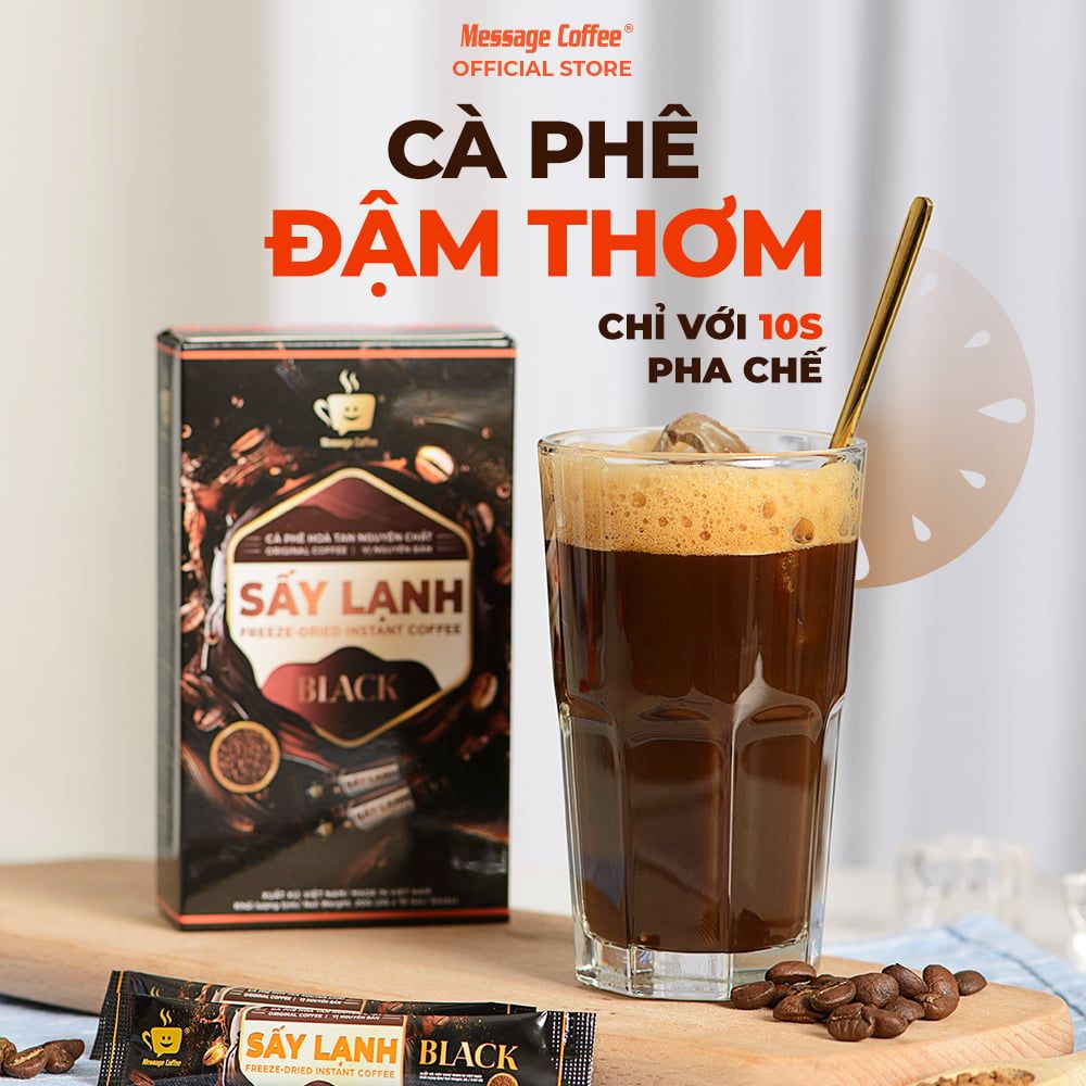  Cà Phê Hòa Tan Sấy Lạnh BLACK Message Coffee, tinh chất cafe rang xay nguyên chất, tiện lợi hộp 10 gói ( 2g 1 stick) 