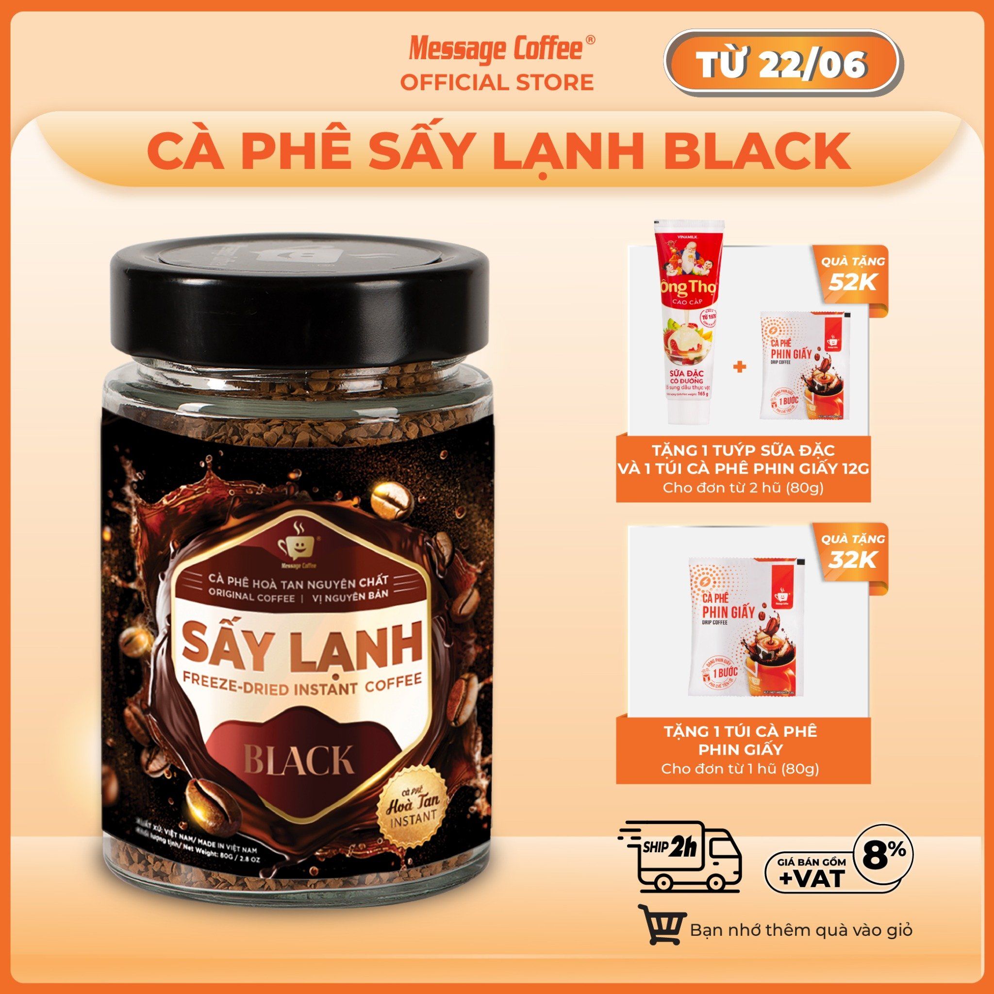  Cà phê Hòa Tan Sấy Lạnh BLACK Gu Đậm Đà, tinh chất cafe rang xay nguyên chất, tiện lợi, dùng liền từ Message Coffee 