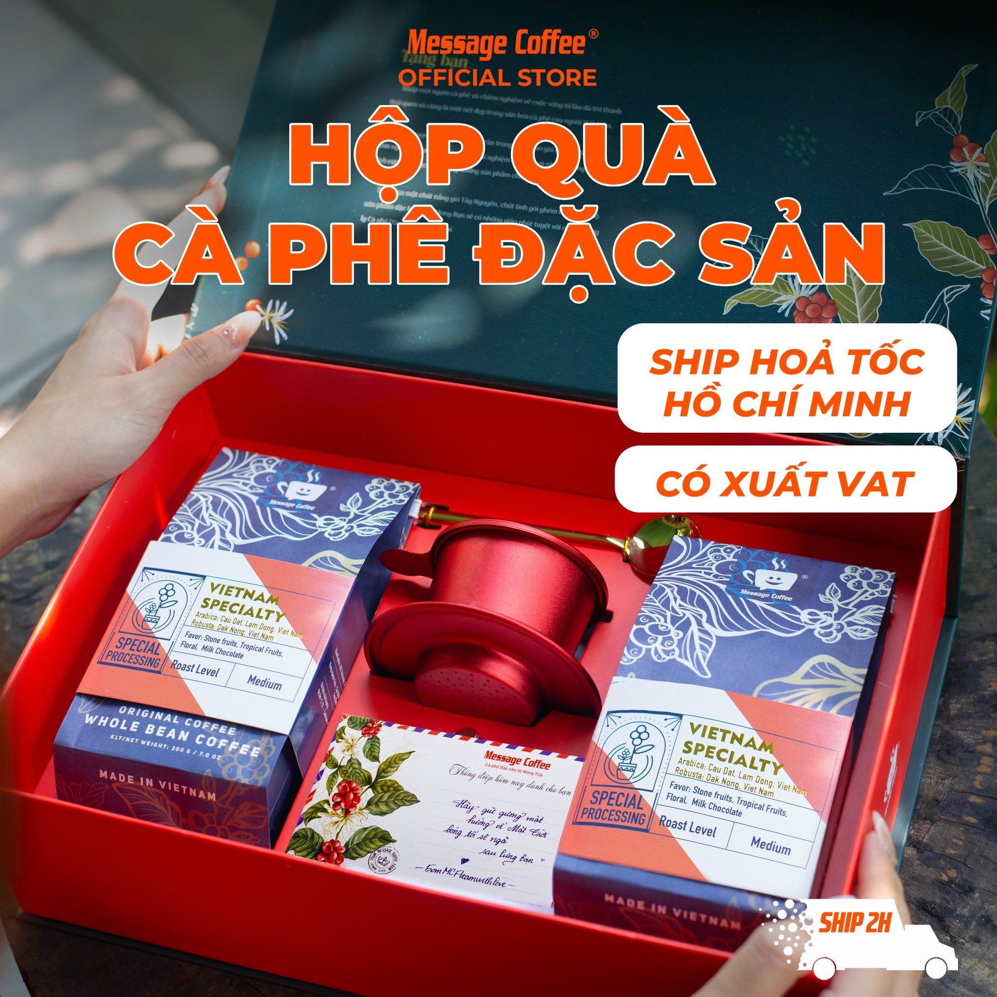  Hộp Quà Tết Cao Cấp, Set Quà Tặng Cà phê Đặc sản- Combo Cafe nguyên chất, hòa tan kèm phin, ly từ Message Coffee 
