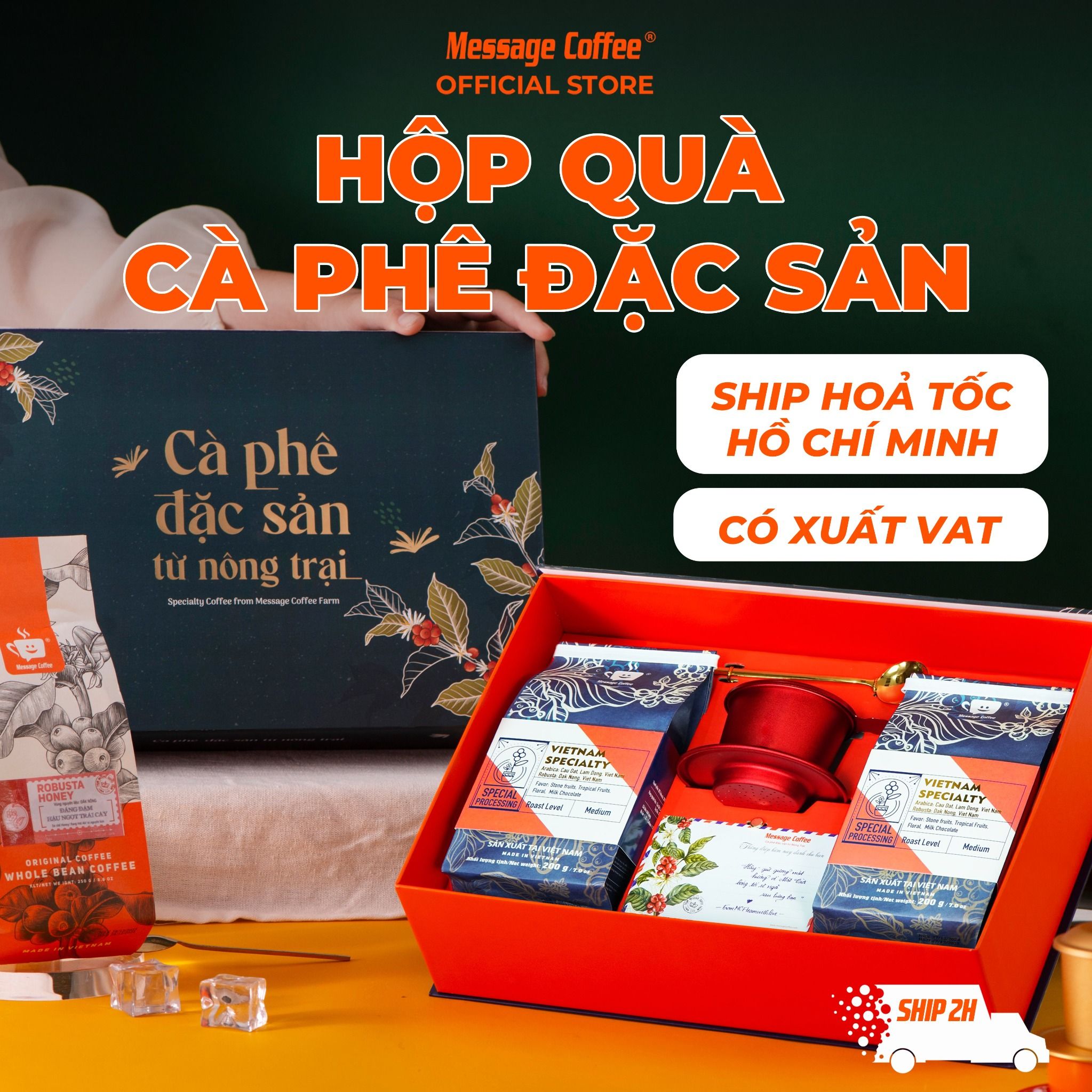  Hộp Quà Tết Cao Cấp, Set Quà Tặng Cà phê Đặc sản- Combo Cafe nguyên chất, hòa tan kèm phin, ly từ Message Coffee 