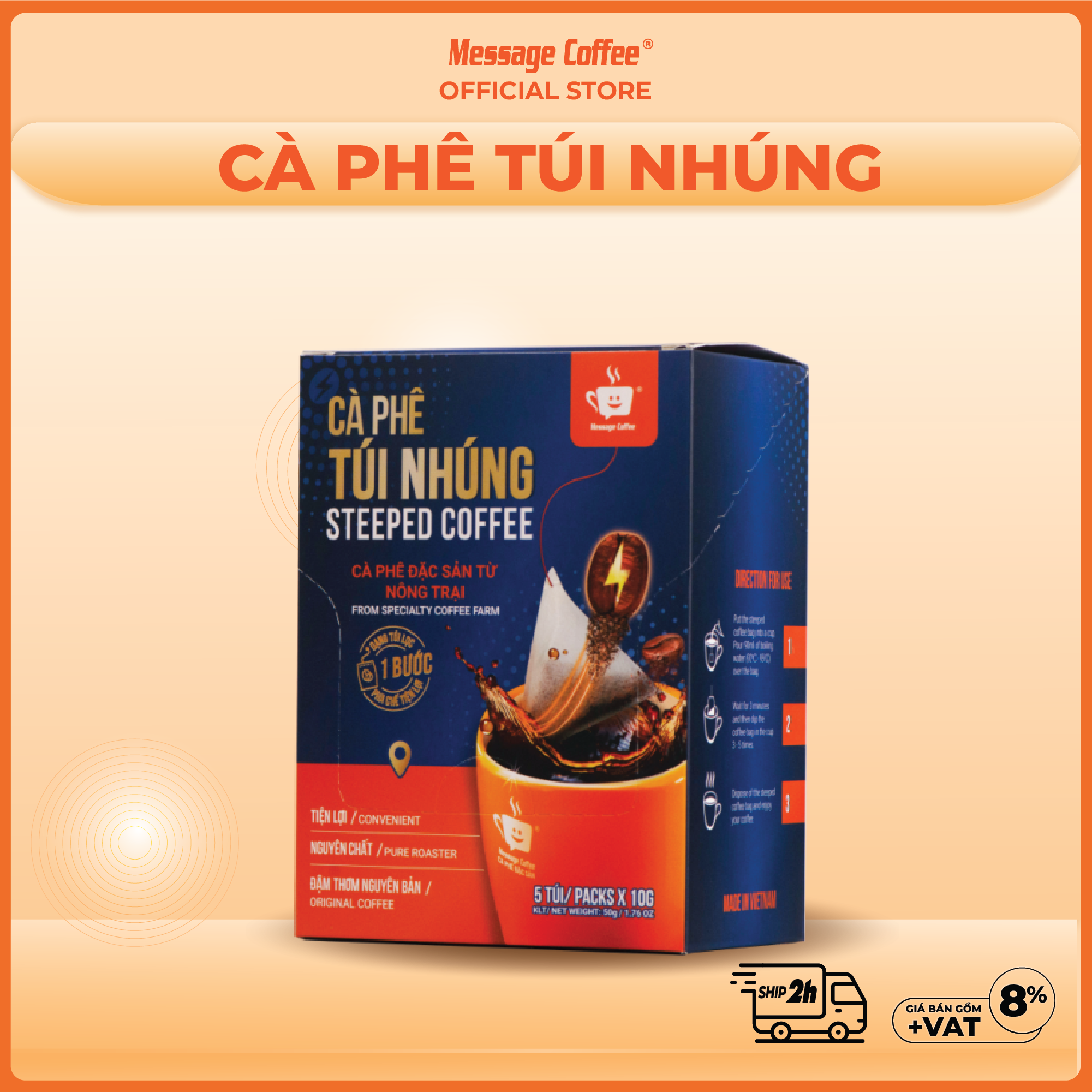  Cà phê túi nhúng Blend Robusta Arabica cafe nguyên chất tiện lợi một bước từ Message Coffee hộp 5 túi 10gr 