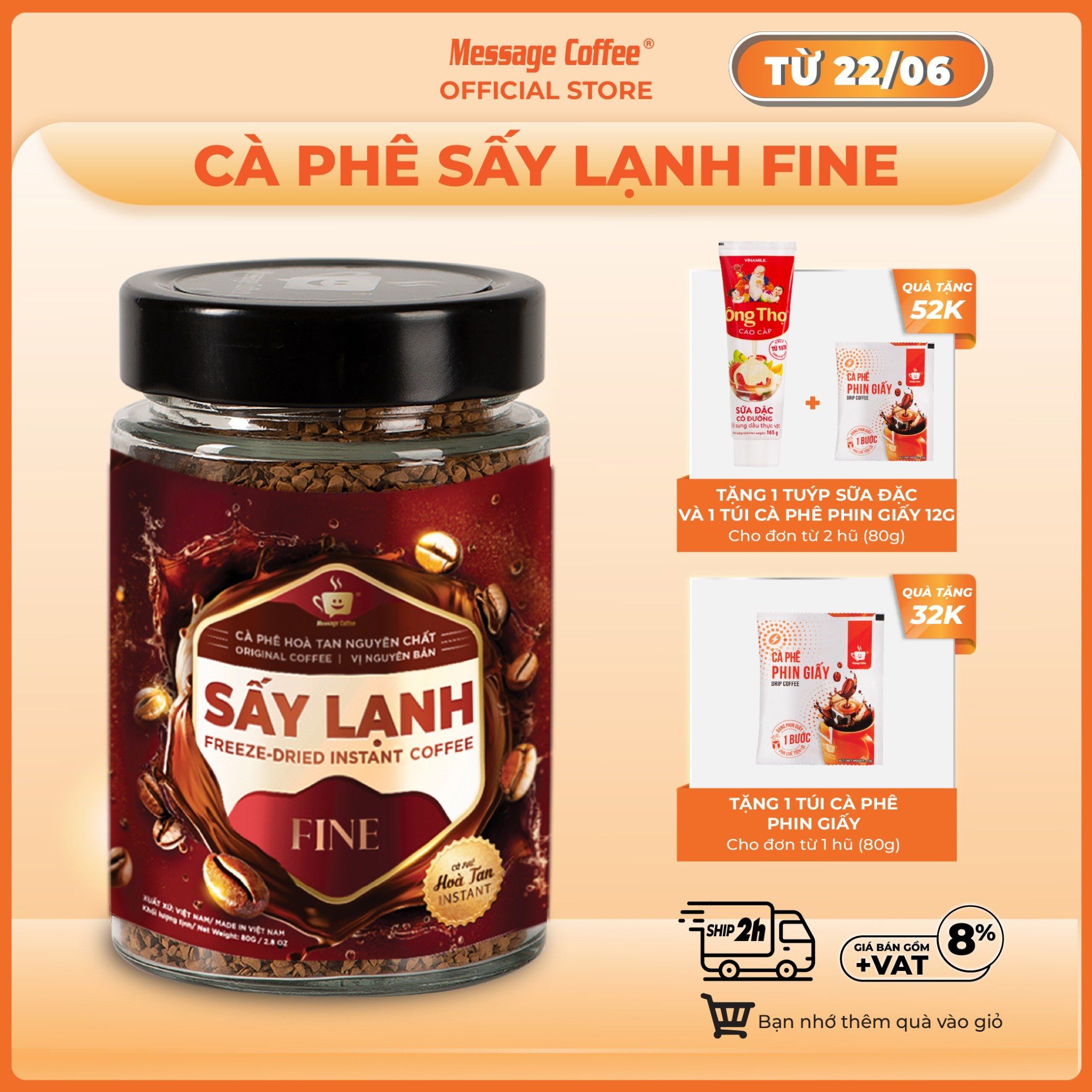  Cà Phê Hòa Tan Sấy Lạnh FINE Cao Cấp, tinh chất cafe rang xay nguyên chất, tiện lợi, dùng liền từ Message Coffee 