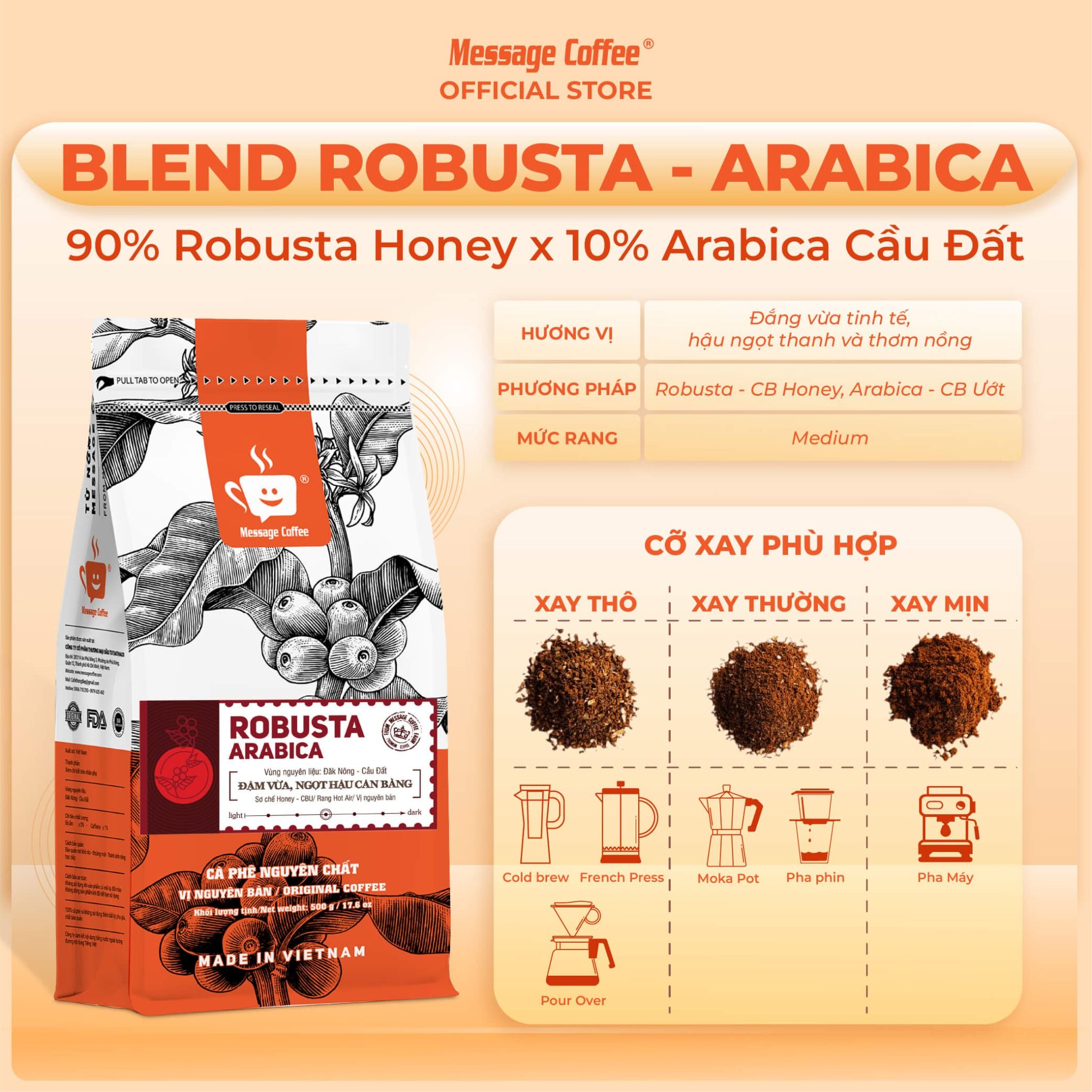  Cà phê nguyên chất Blend Robusta - Arabica rang mộc đậm đà thơm nồng dùng pha phin hoặc pha máy ngon từ Message Coffee 