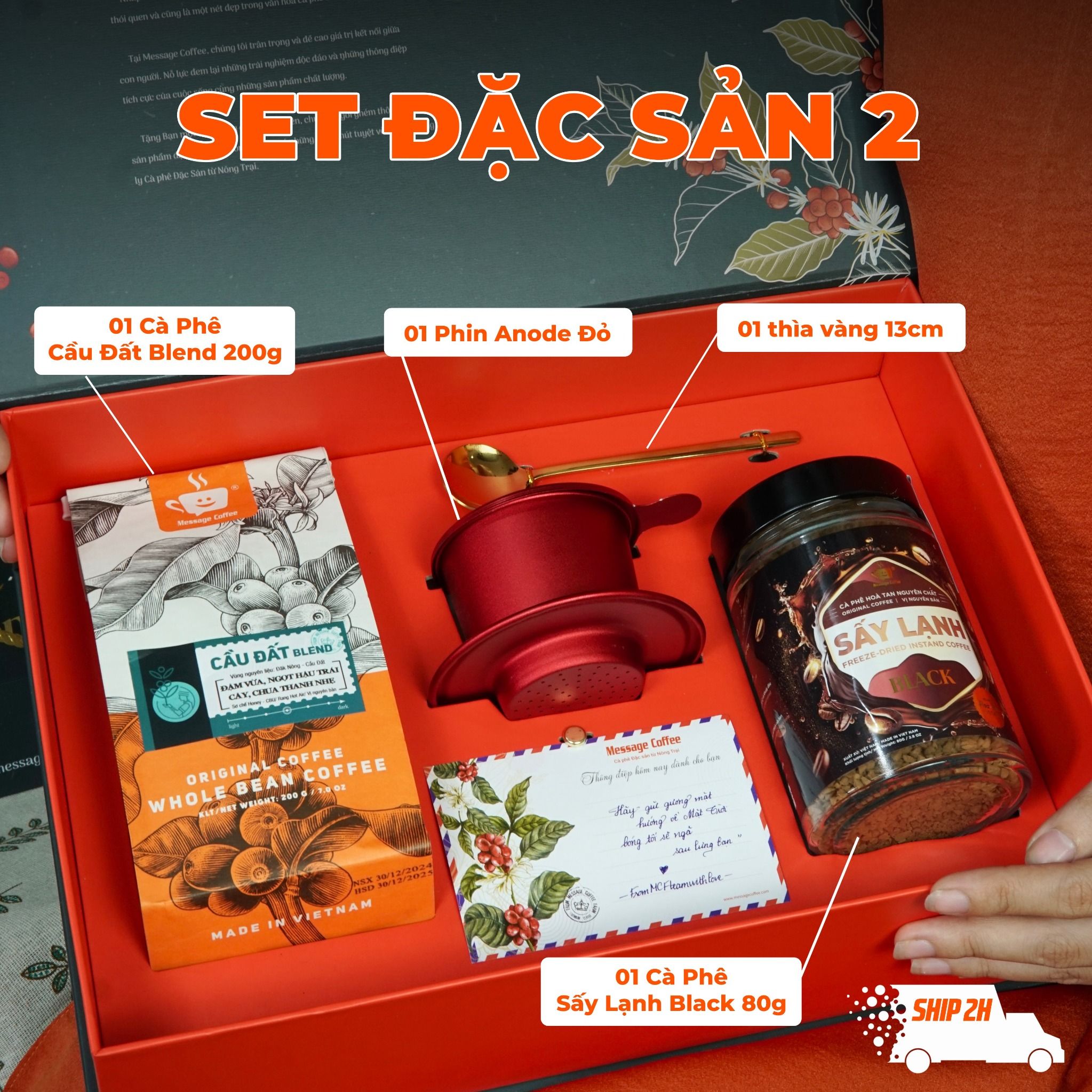  Hộp Quà Tết Cao Cấp, Set Quà Tặng Cà phê Đặc sản- Combo Cafe nguyên chất, hòa tan kèm phin, ly từ Message Coffee 