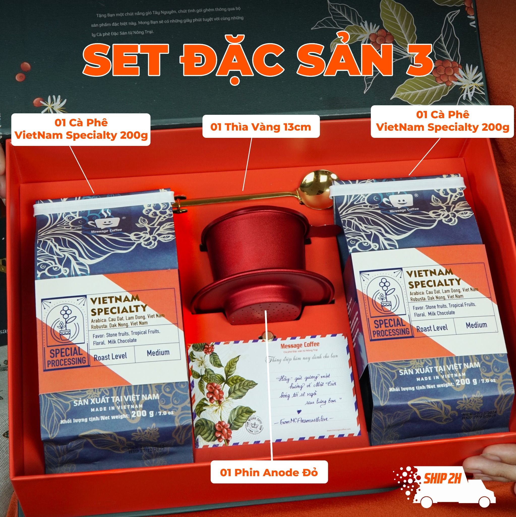  Hộp Quà Tết Cao Cấp, Set Quà Tặng Cà phê Đặc sản- Combo Cafe nguyên chất, hòa tan kèm phin, ly từ Message Coffee 