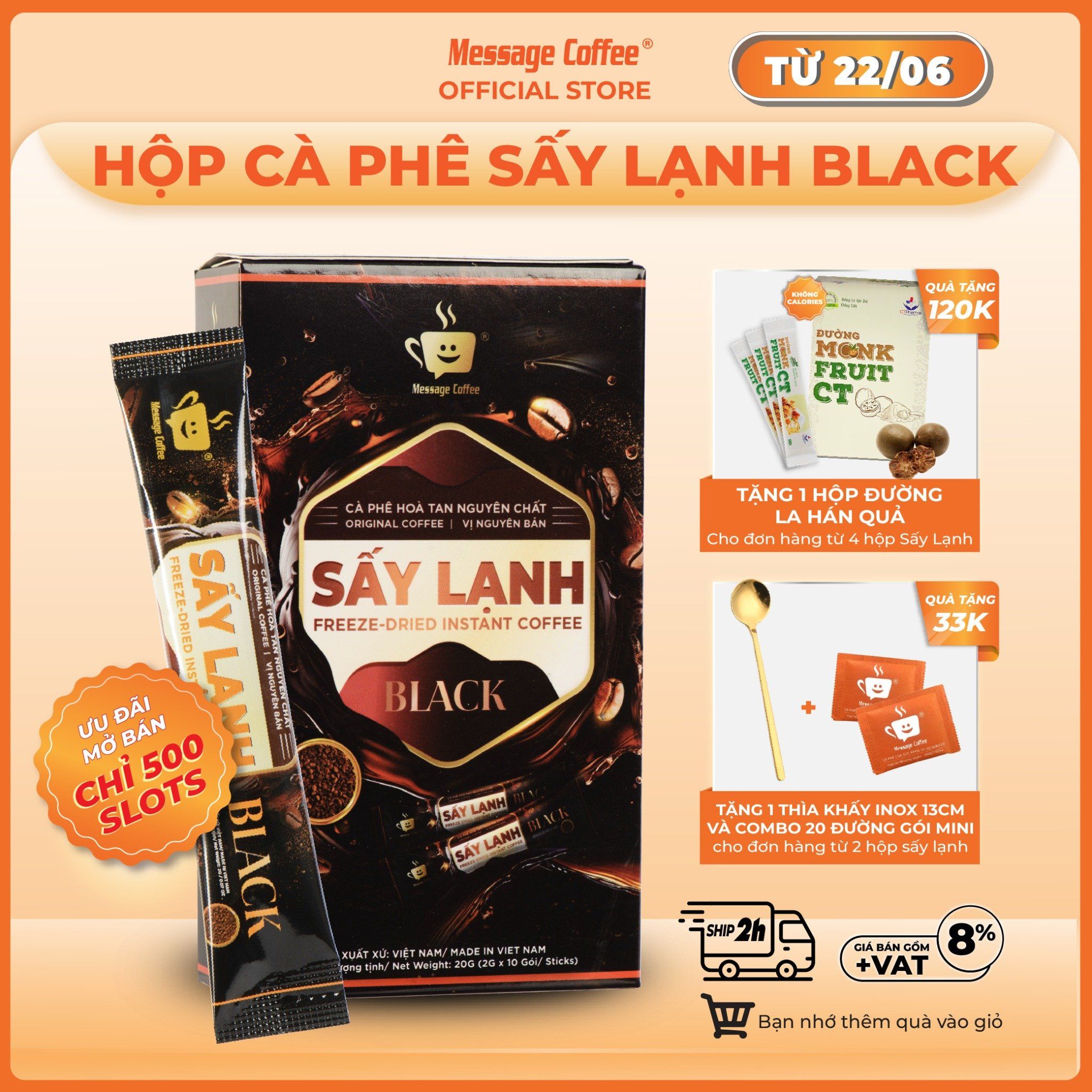  Cà Phê Hòa Tan Sấy Lạnh BLACK Message Coffee, tinh chất cafe rang xay nguyên chất, tiện lợi hộp 10 gói ( 2g 1 stick) 