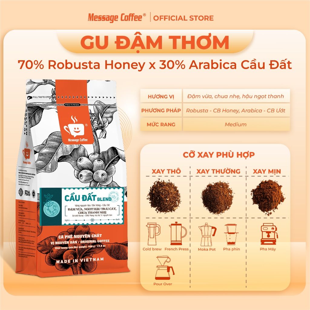  Cà phê nguyên chất Cầu Đất Blend rang mộc 100% thơm quyến rũ hậu ngọt đắng đầm dùng pha máy - pha phin từ Message Coffee 