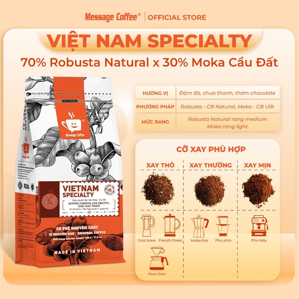  Cà phê nguyên chất Vietnam Specialty CAO CẤP thơm trái cây đắng dịu dùng pha phin hoặc pha máy từ Message Coffe 
