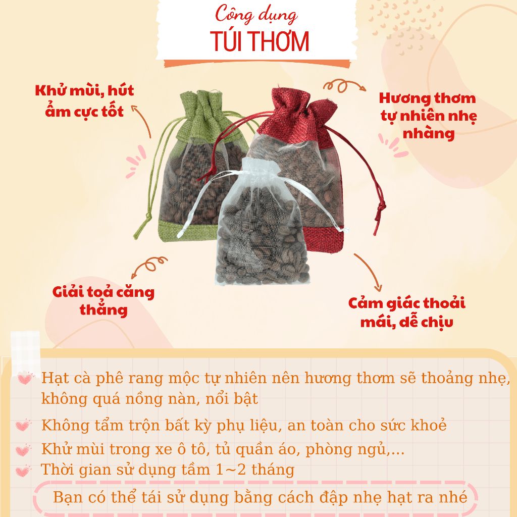  Túi thơm cà phê đẹp rẻ 100% hạt nguyên chất khối lượng 30-50gram khử mủi ô tô, tủ, văn phòng làm việc từ Message coffee 