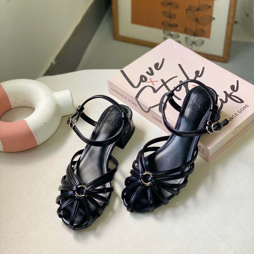  Sandal Nữ kiểu rọ cao gót 3F màu đen 