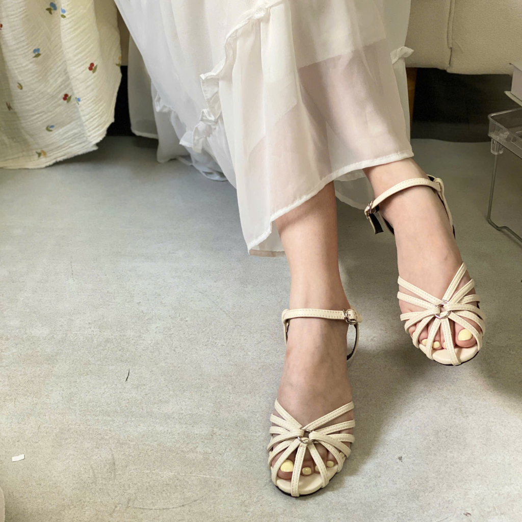  Sandal Nữ kiểu rọ cao gót 3F màu kem 