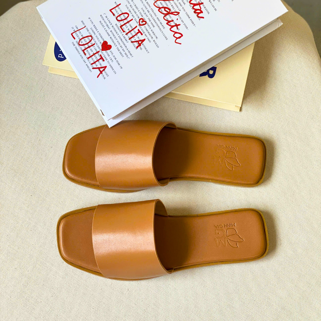  Dép bệt Nữ quai ngang nâu da trơn 