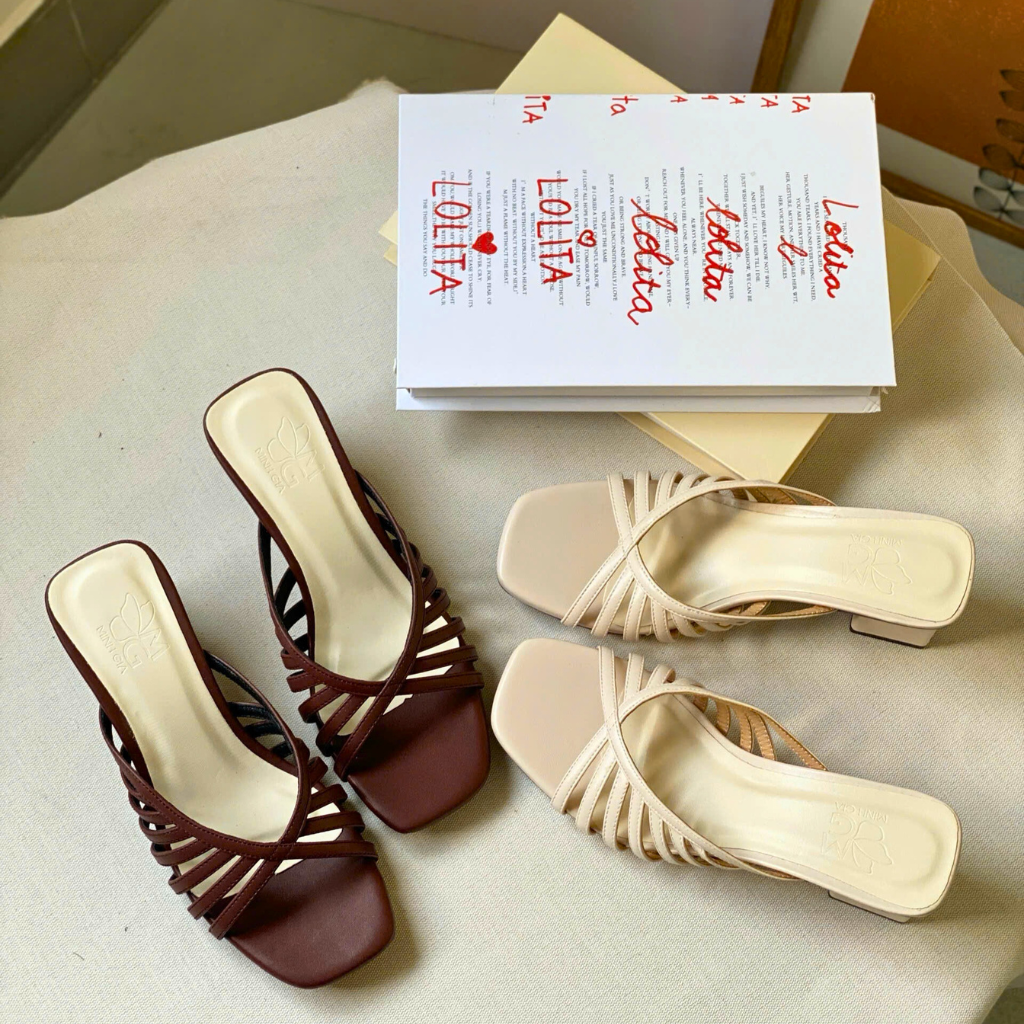  Dép cao gót Nữ 3p đan dây quai mảnh Nâu 