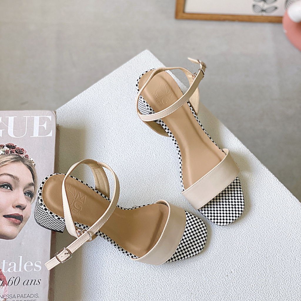  Sandal Nữ Cao gót Sọc Caro Quai Đen 