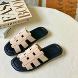  Dép nữ đế bệt hai quai ngang màu kem thời trang 