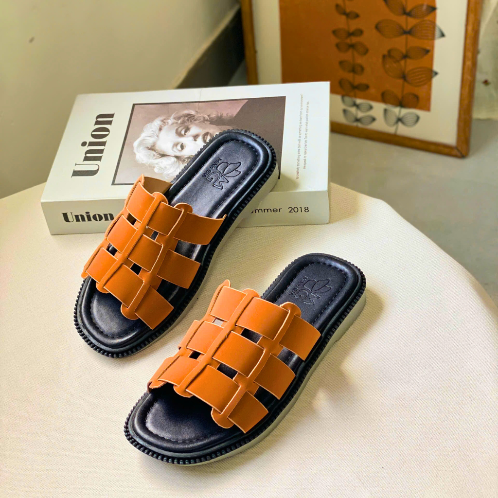  Dép nữ đế bệt hai quai ngang màu kem thời trang 